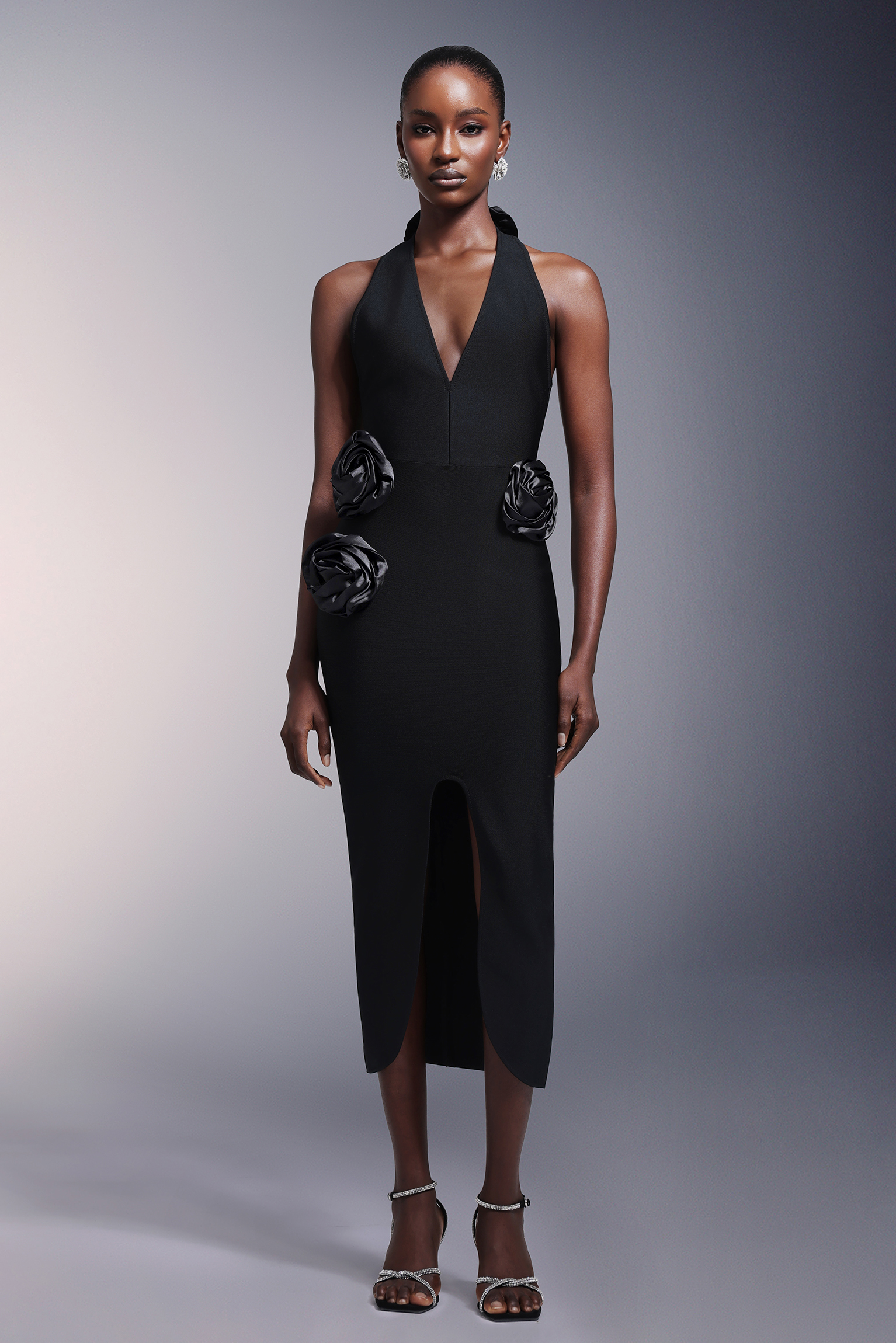 Sahara Flowers High Slit Deep-V Bandage Midi Dress