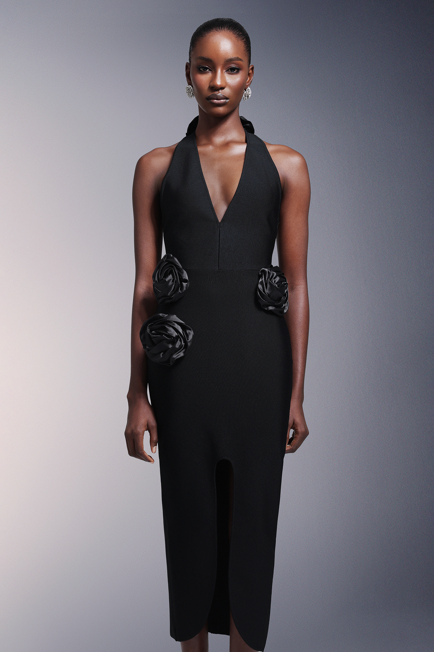 Sahara Flowers High Slit Deep-V Bandage Midi Dress