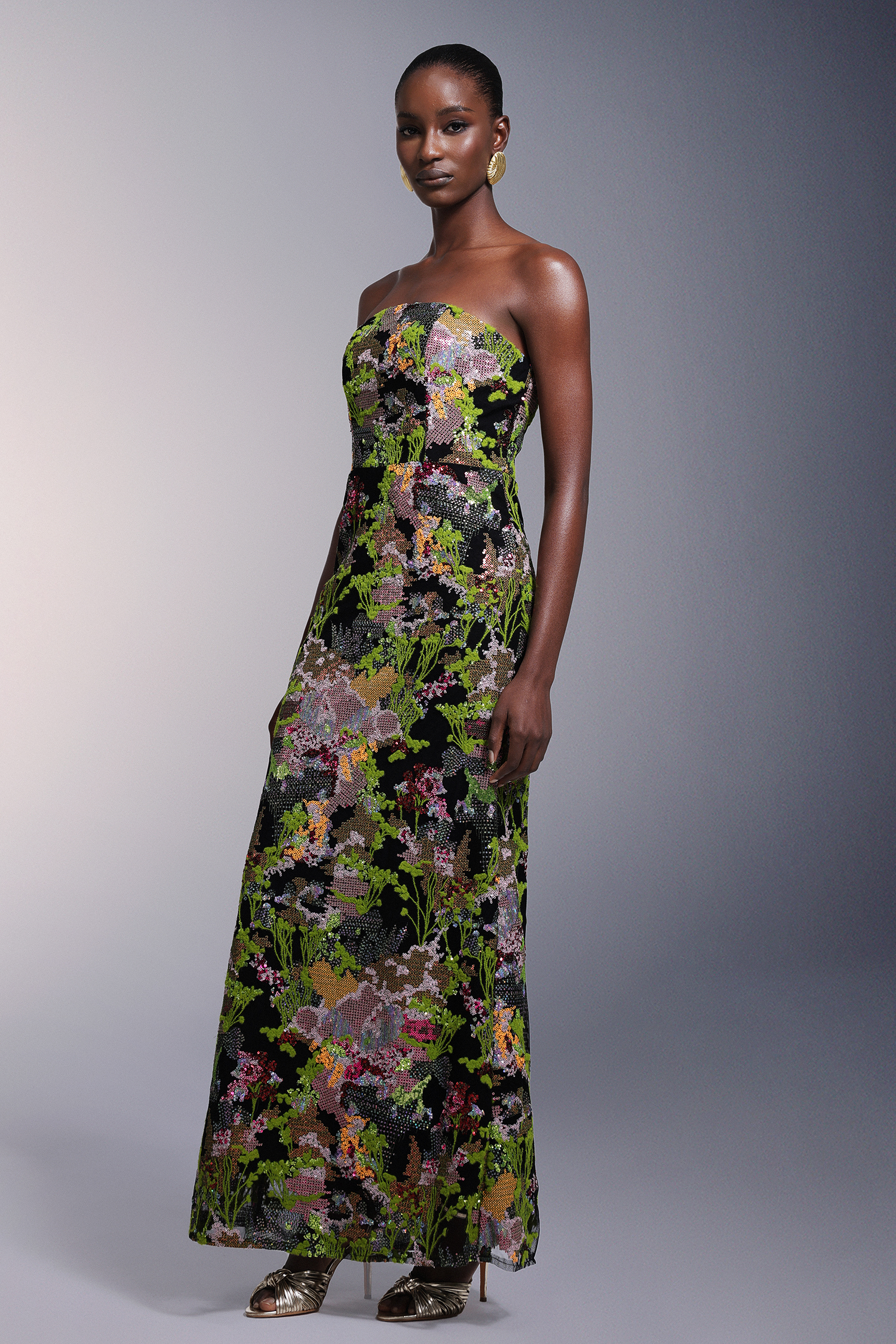 Ellyson Flowers Strapless Sequins Maxi Dress