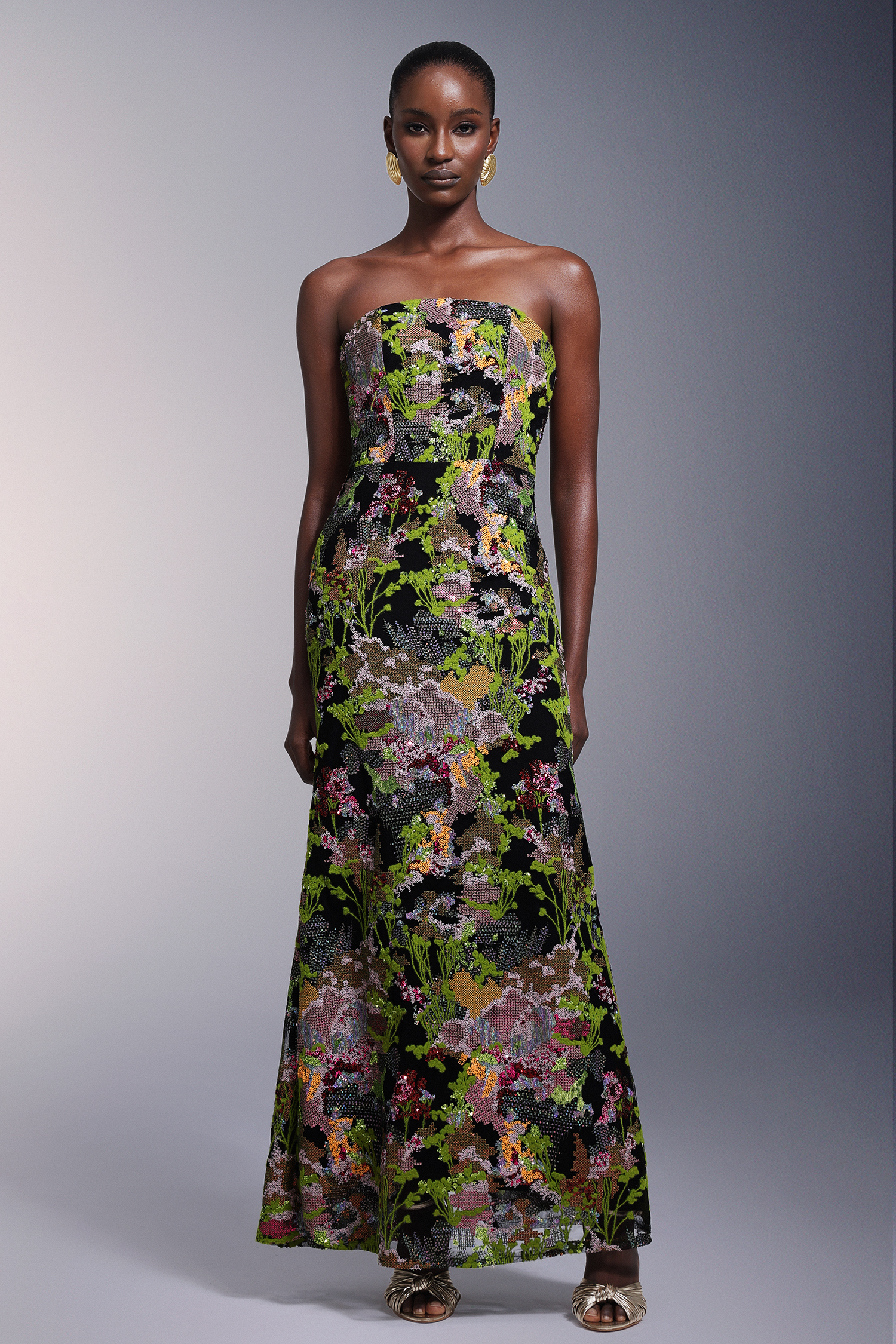 Ellyson Flowers Strapless Sequins Maxi Dress