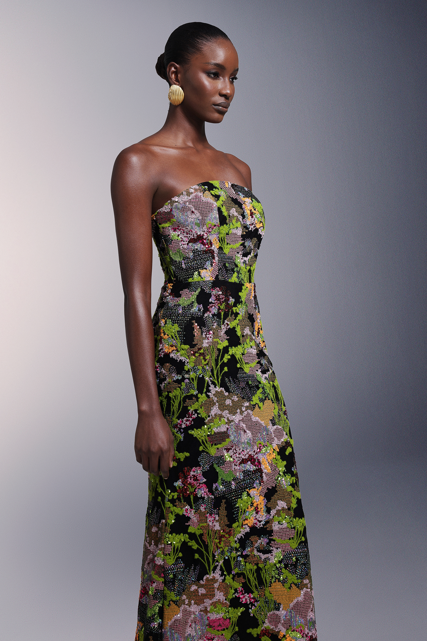 Ellyson Flowers Strapless Sequins Maxi Dress