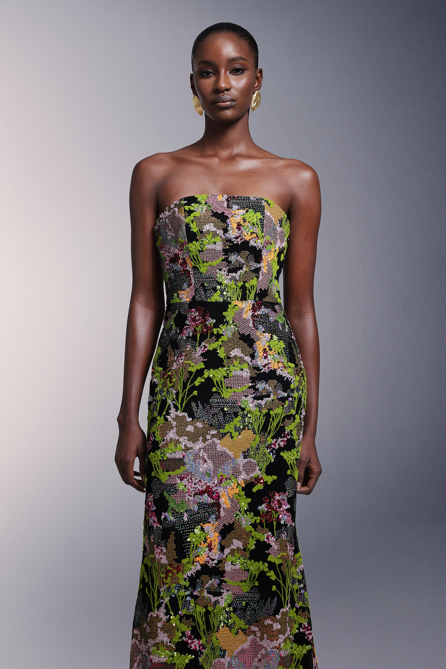 Ellyson Flowers Strapless Sequins Maxi Dress