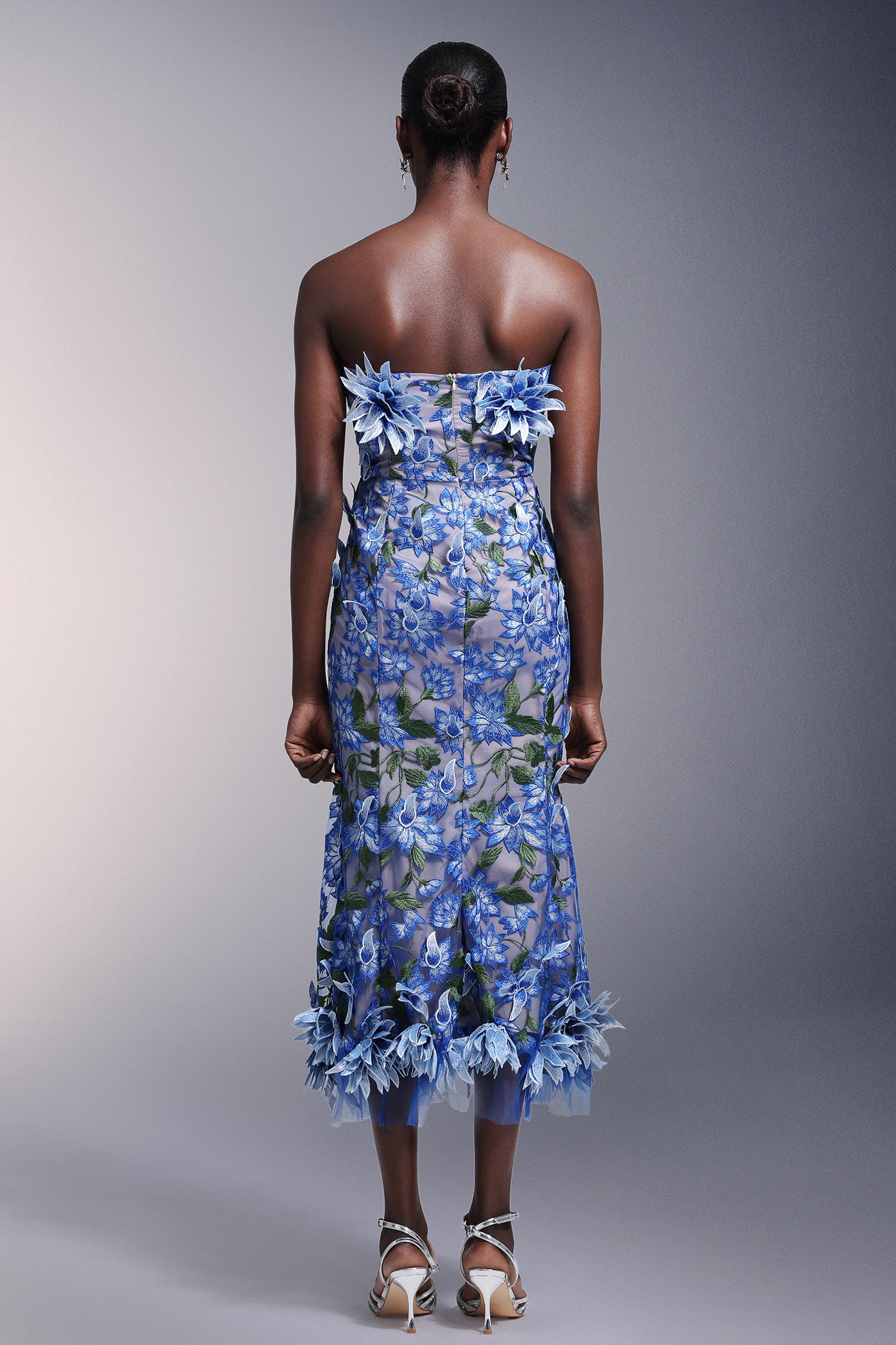 Minon Flowers Strapless Lace Midi Dress