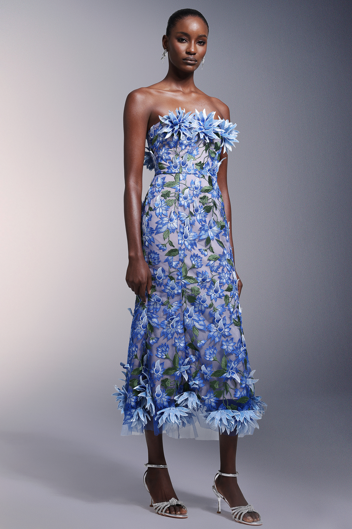 Minon Flowers Strapless Lace Midi Dress