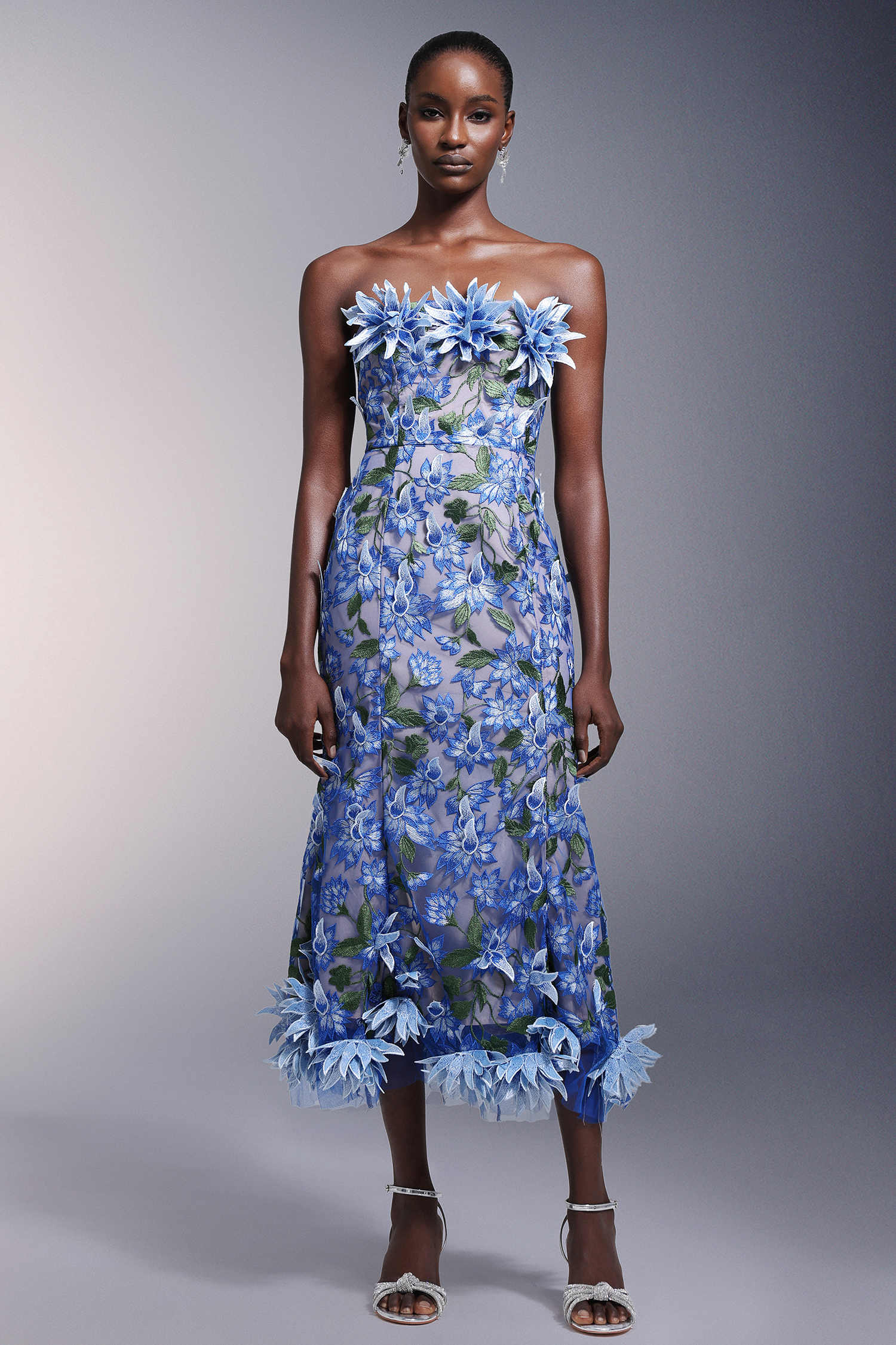 Minon Flowers Strapless Lace Midi Dress