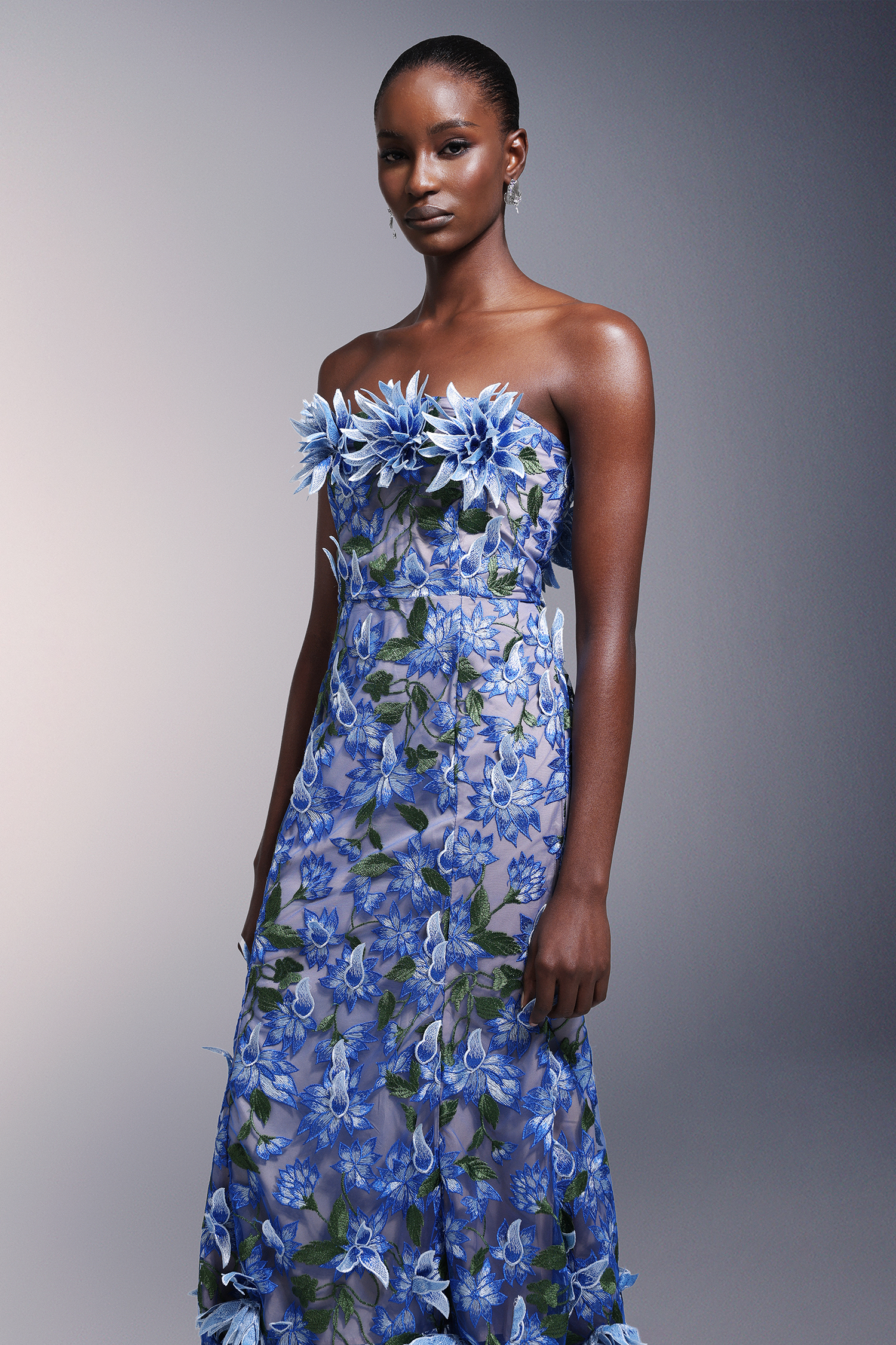 Minon Flowers Strapless Lace Midi Dress