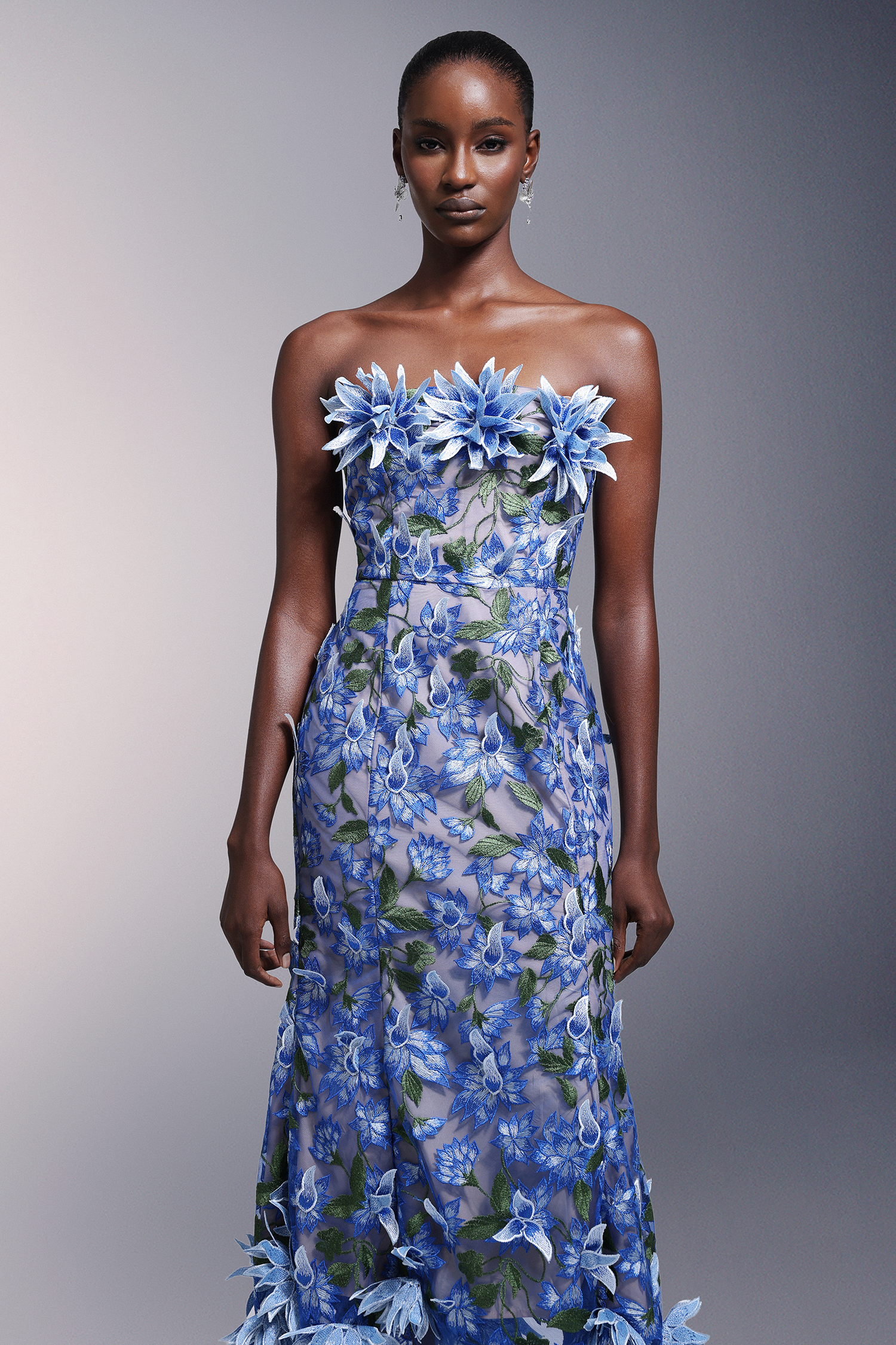 Minon Flowers Strapless Lace Midi Dress