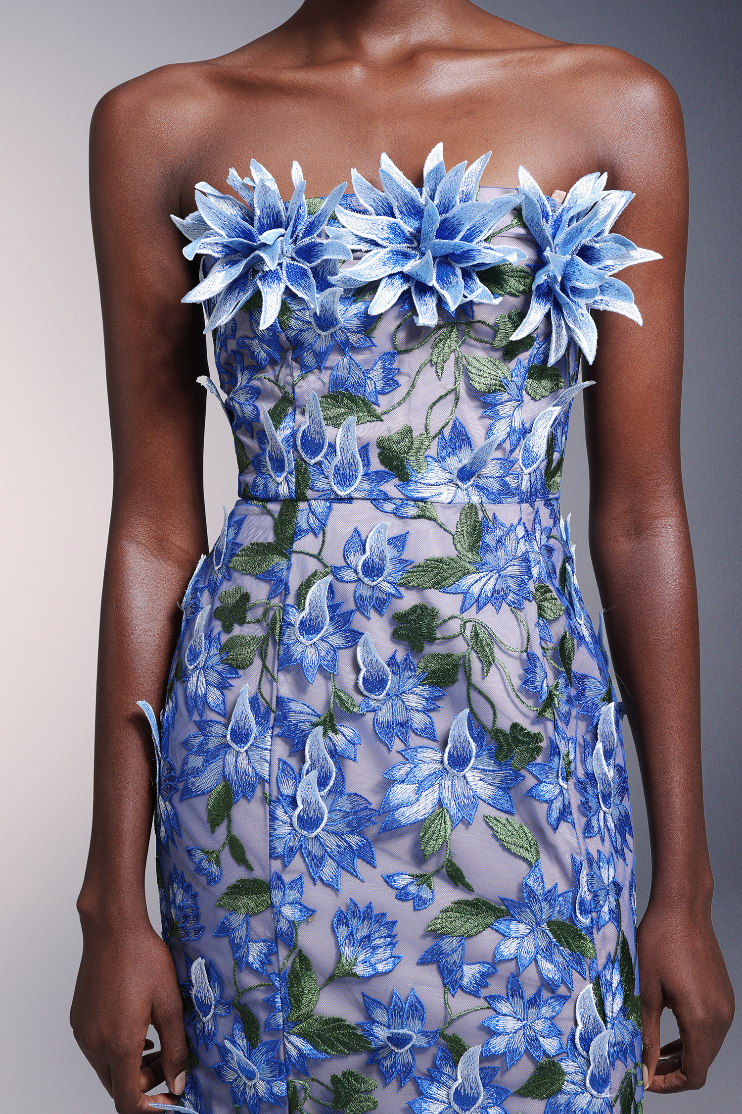 Minon Flowers Strapless Lace Midi Dress