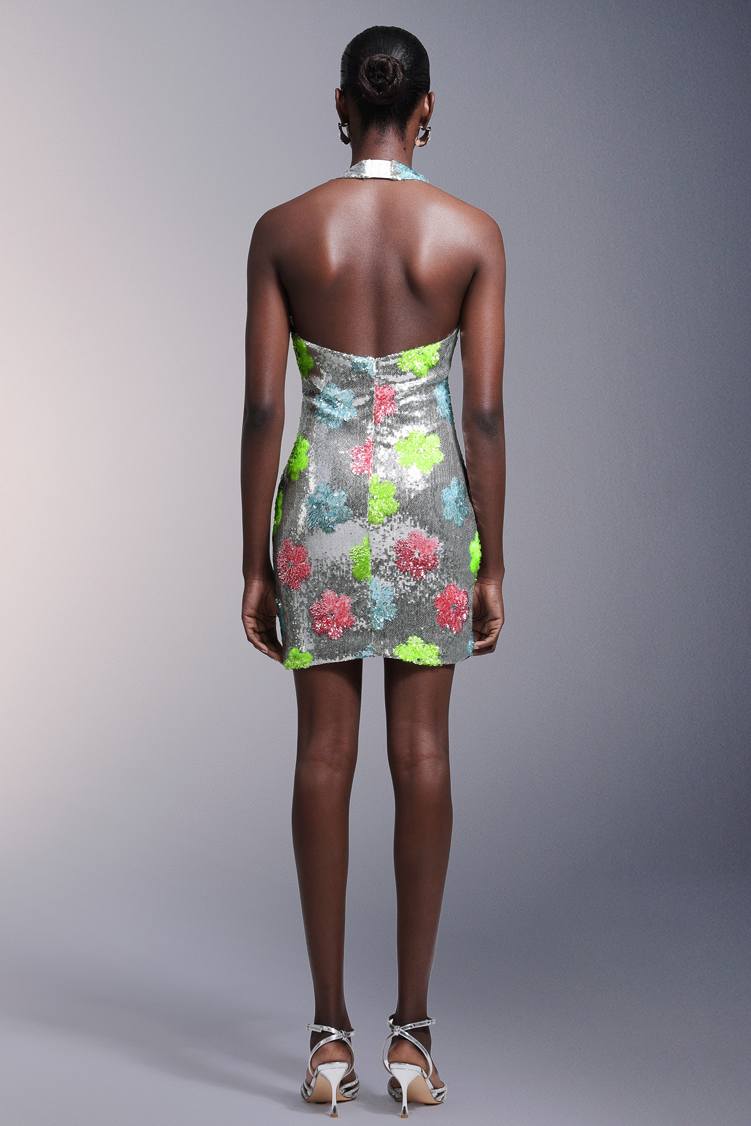 Kezia Flowers Backless Halter Sequins Mini Dress