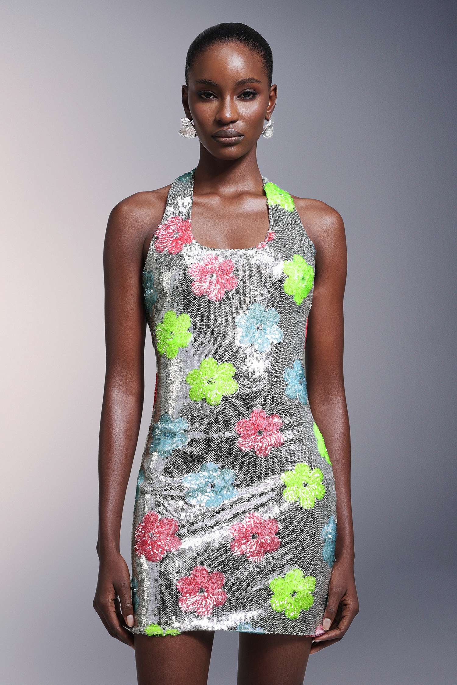 Kezia Flowers Backless Halter Sequins Mini Dress