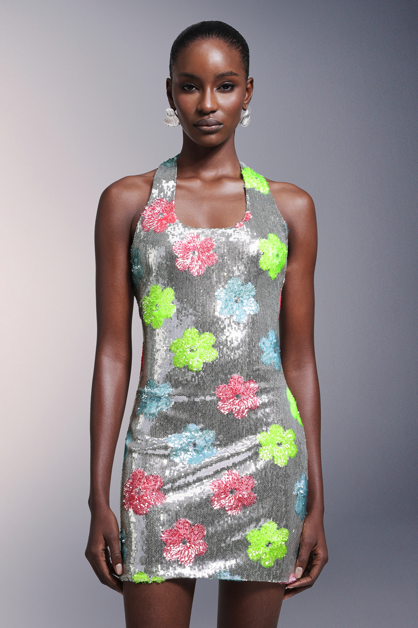 Kezia Flowers Backless Halter Sequins Mini Dress