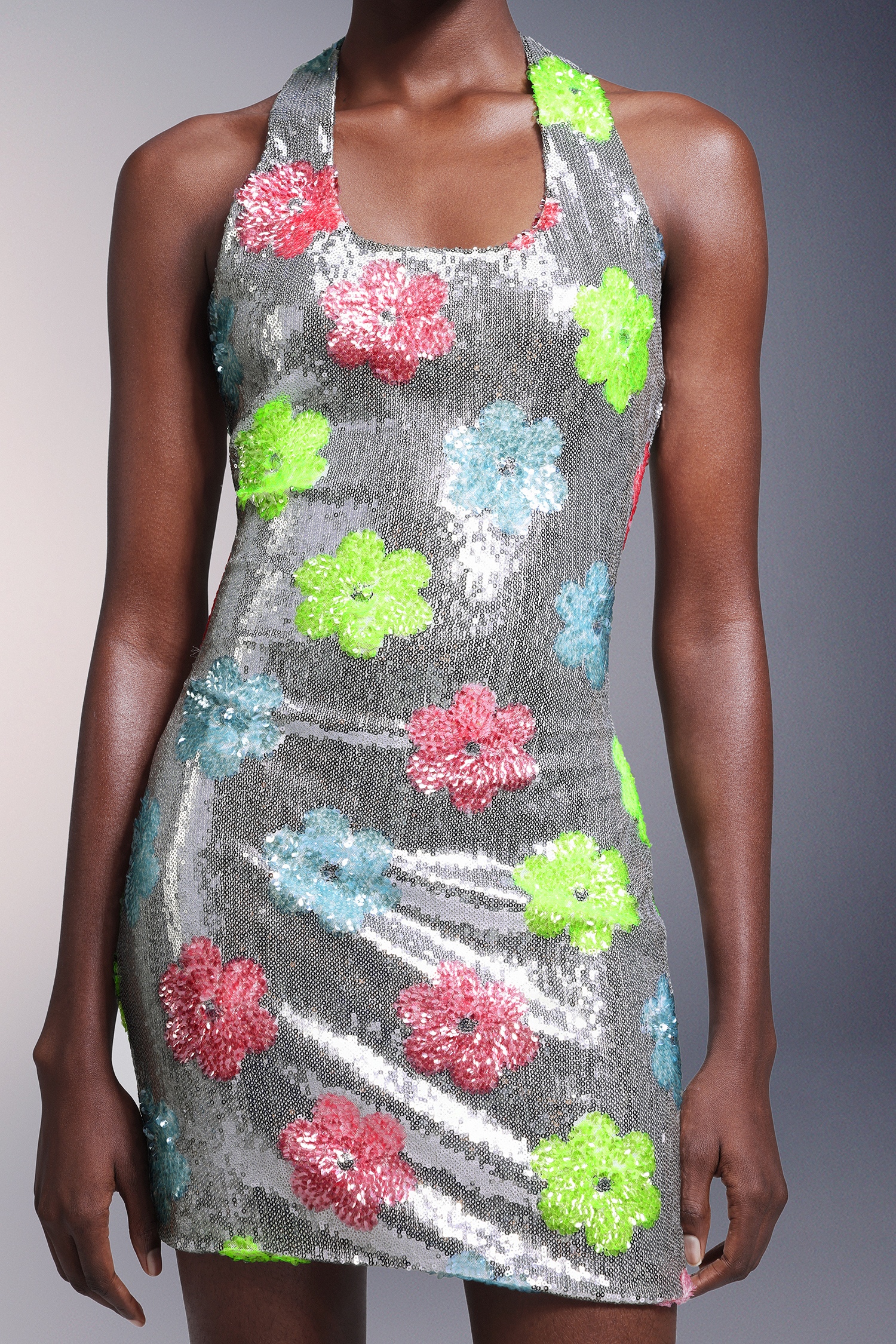 Kezia Flowers Backless Halter Sequins Mini Dress