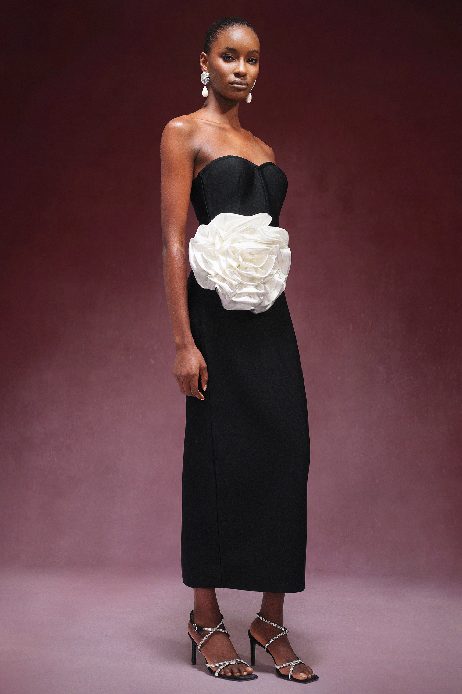Faithe Big Flower Strapless Bandage Midi Dress