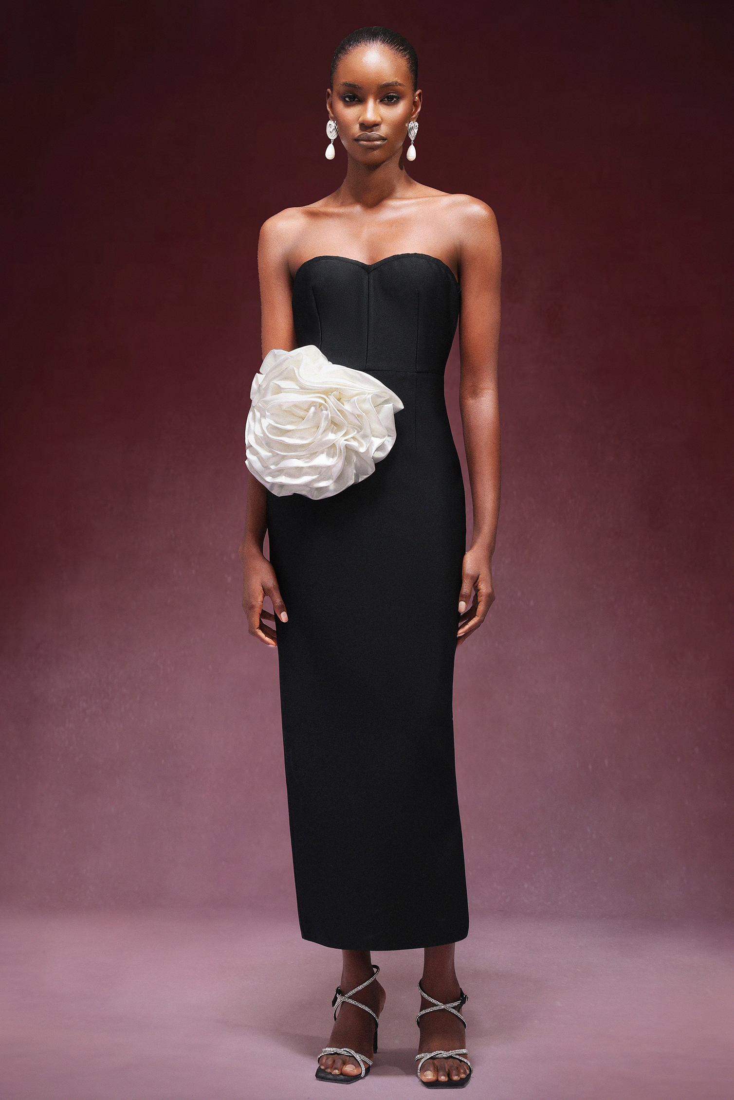 Faithe Big Flower Strapless Bandage Midi Dress