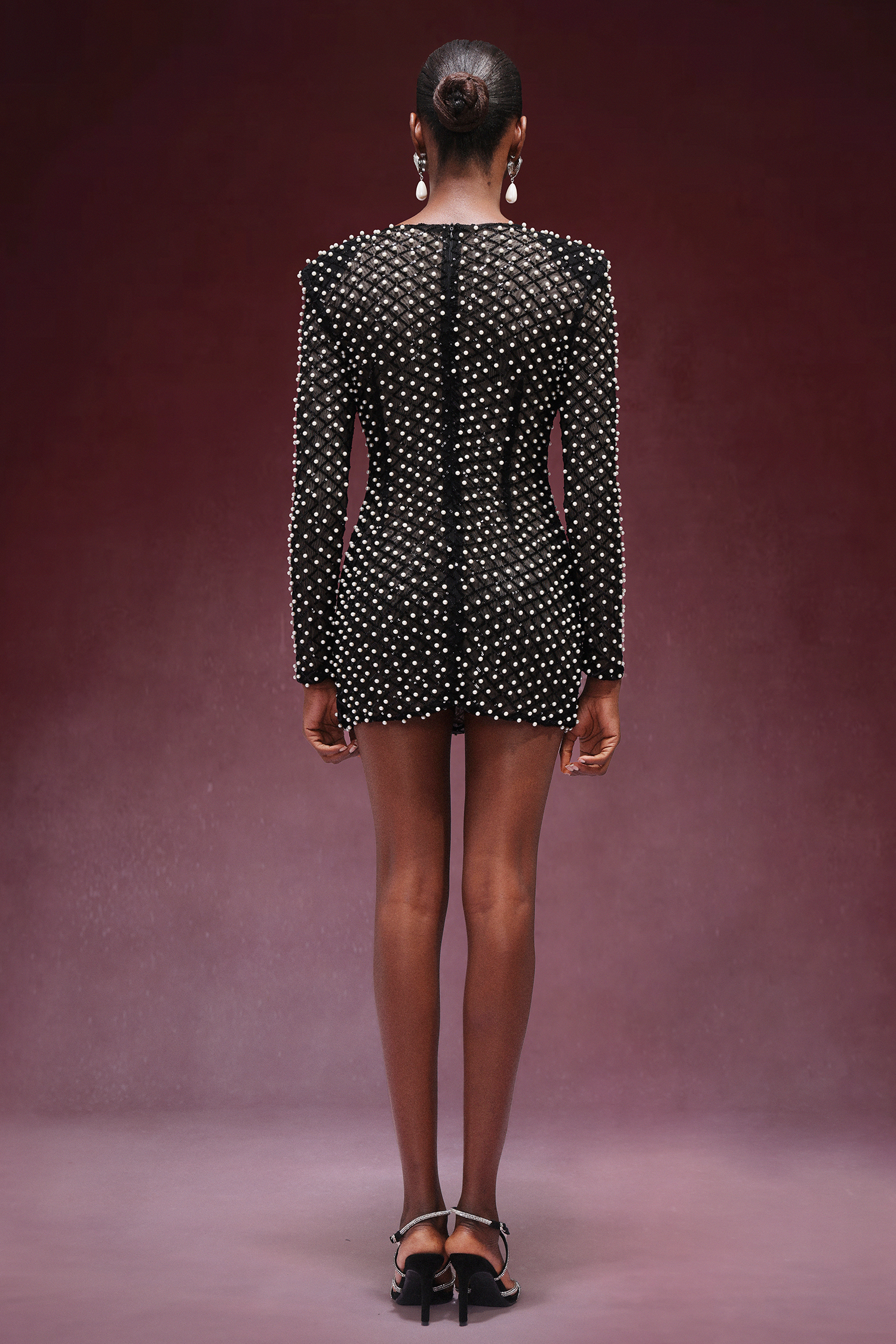 Lilya Long Sleeve Bow Pearl Diamond Mini Dress