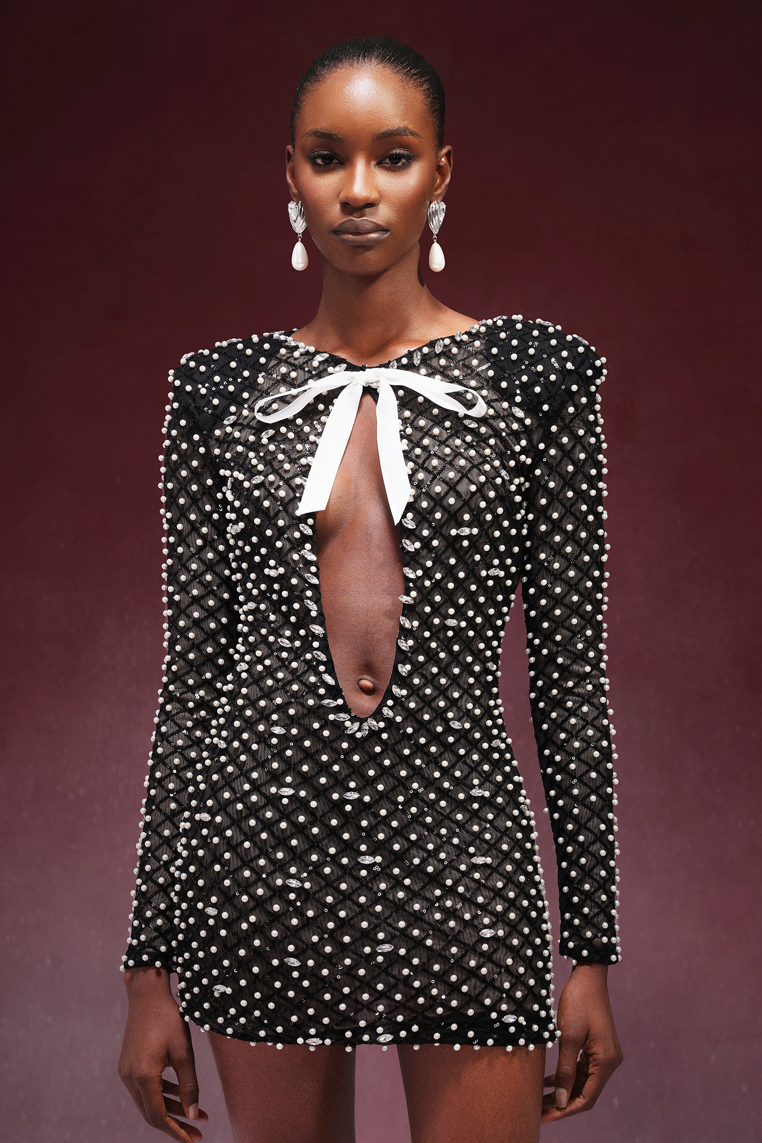 Lilya Long Sleeve Bow Pearl Diamond Mini Dress