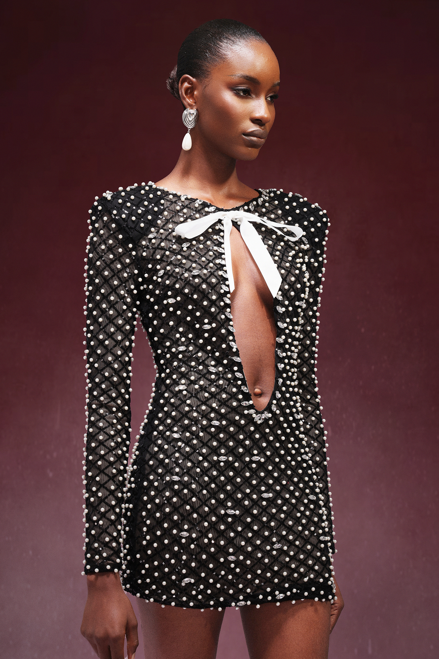 Lilya Long Sleeve Bow Pearl Diamond Mini Dress