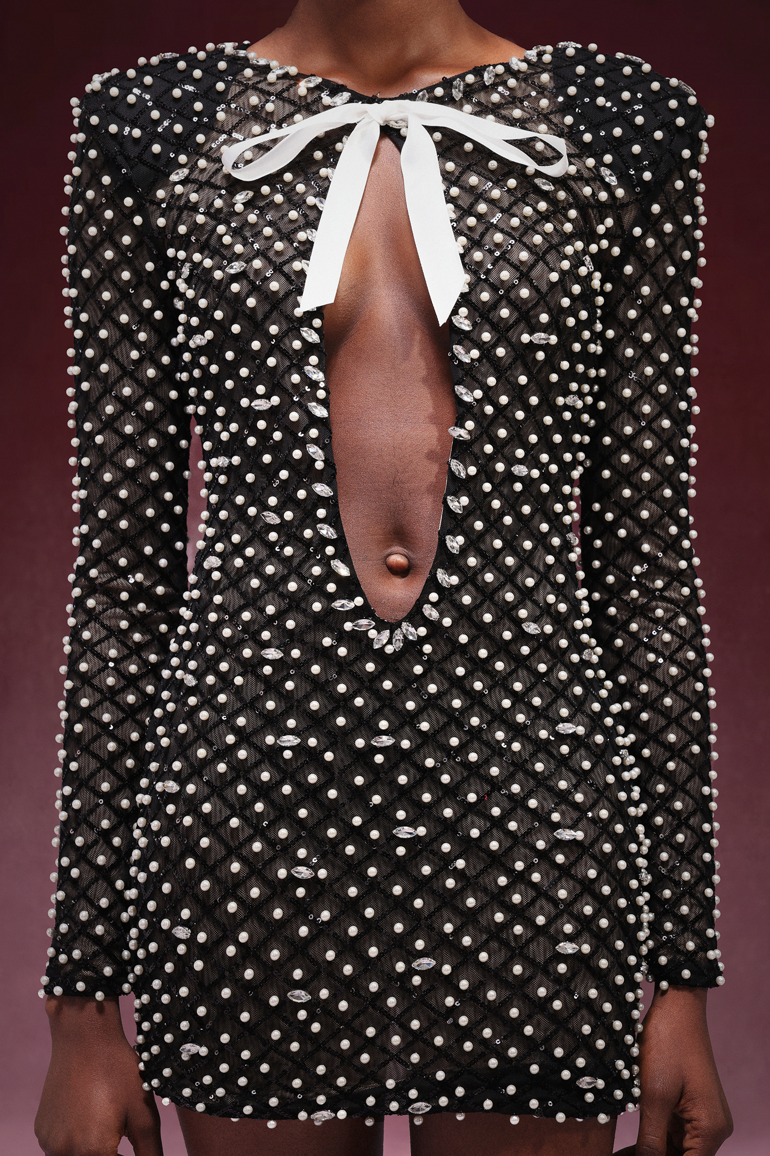 Lilya Long Sleeve Bow Pearl Diamond Mini Dress