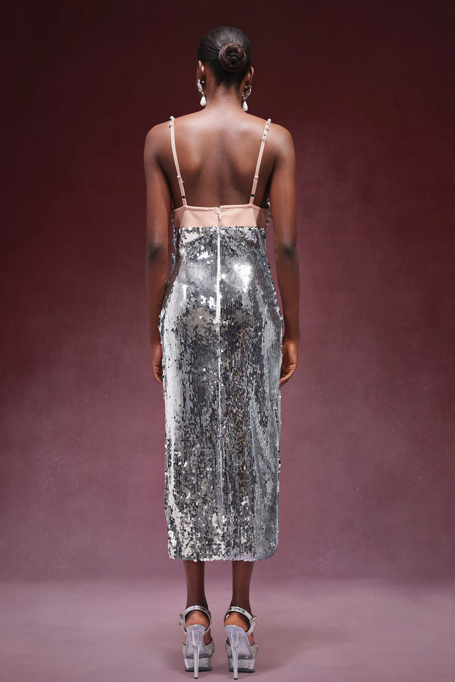 Diomond Sequins Pearls Sleeveless Midi Dress