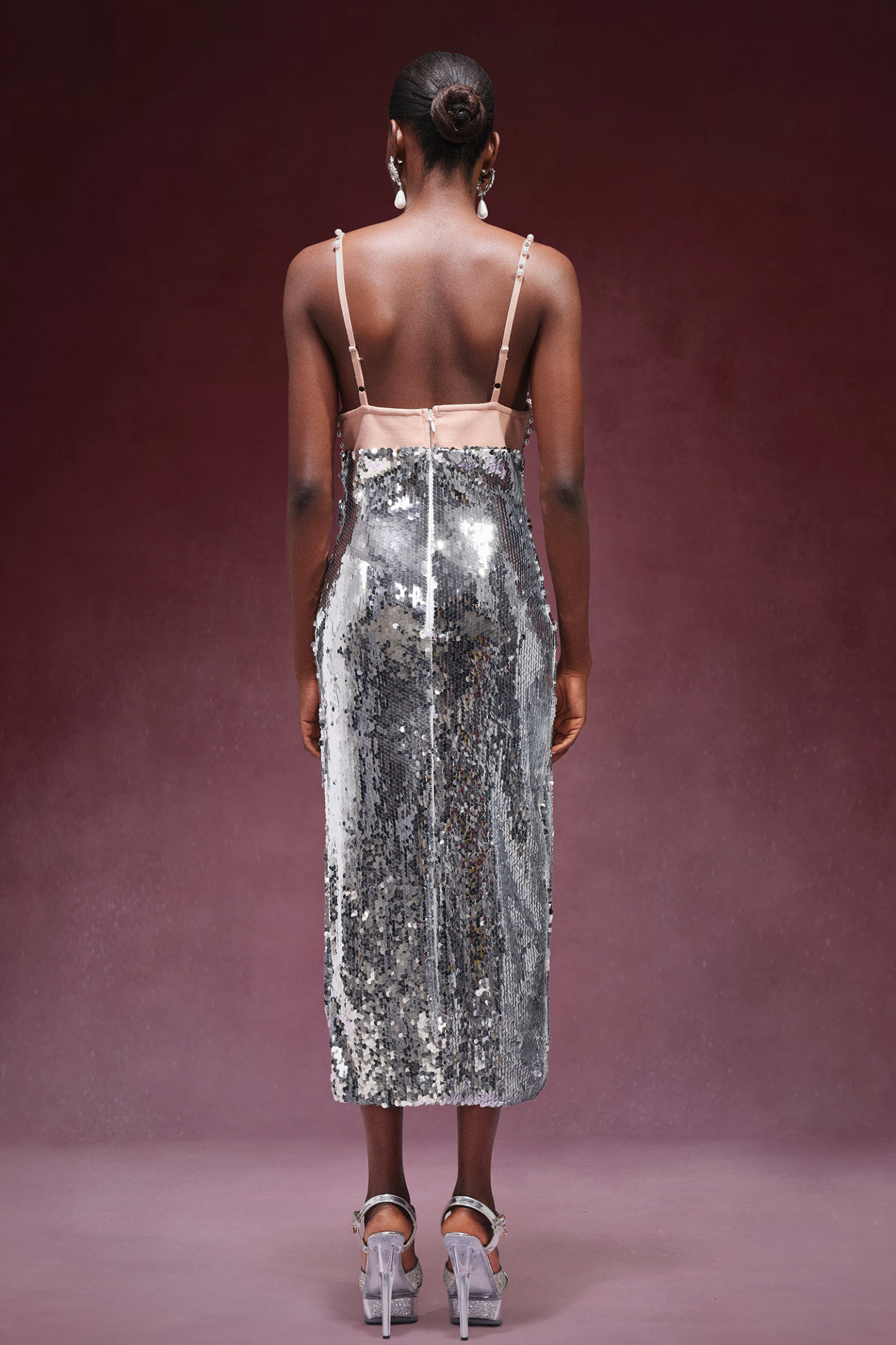 Diomond Sequins Pearls Sleeveless Midi Dress