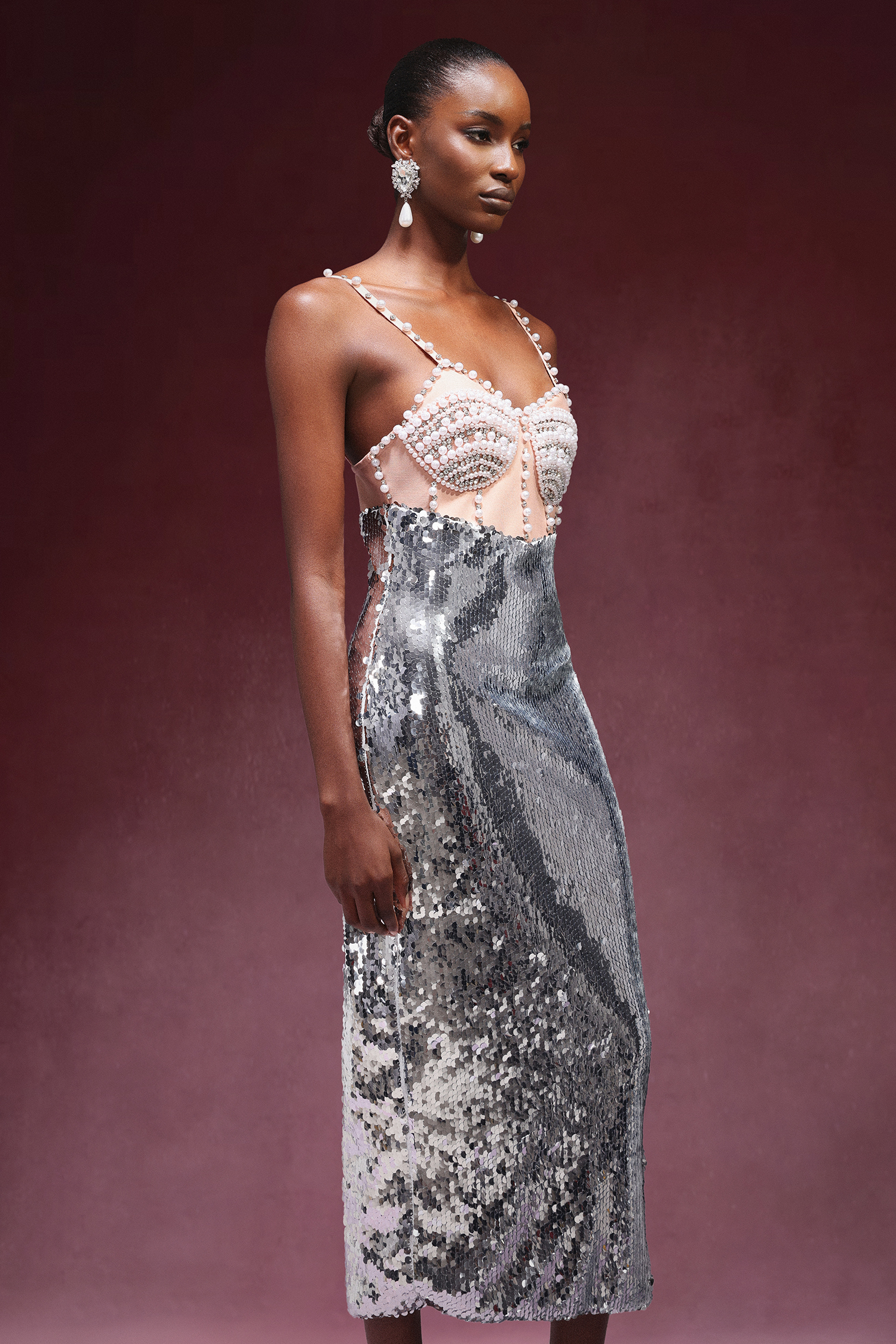 Diomond Sequins Pearls Sleeveless Midi Dress