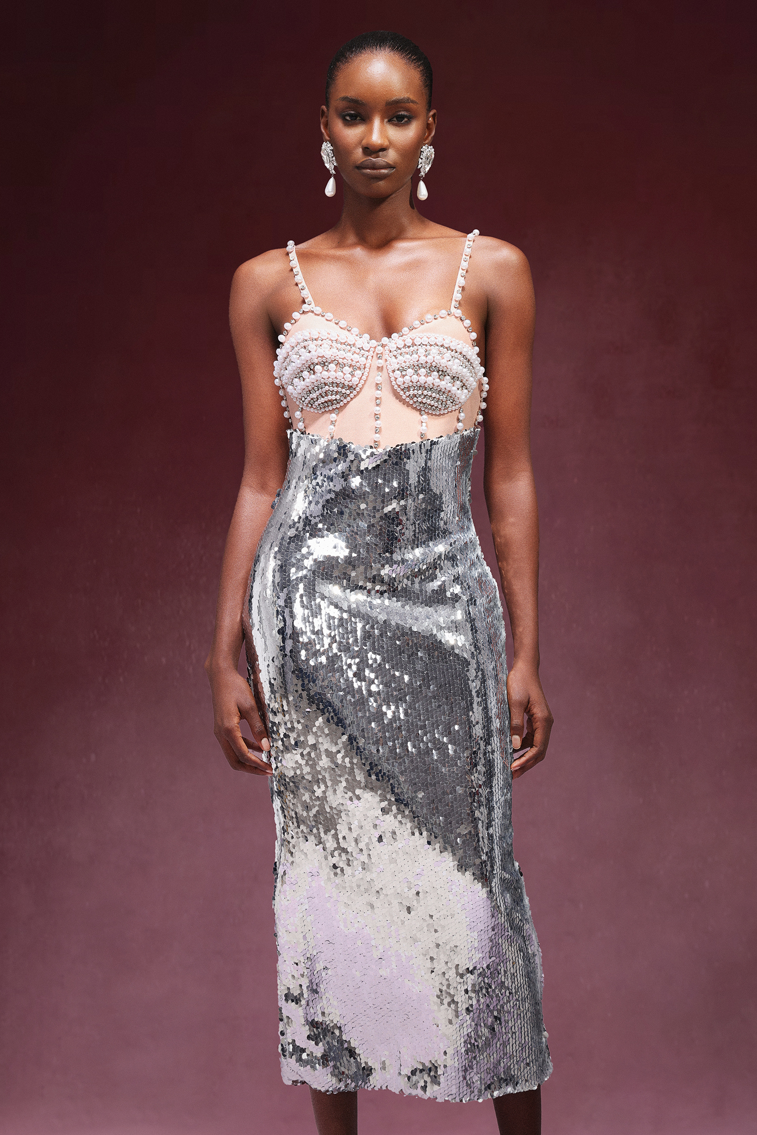 Diomond Sequins Pearls Sleeveless Midi Dress