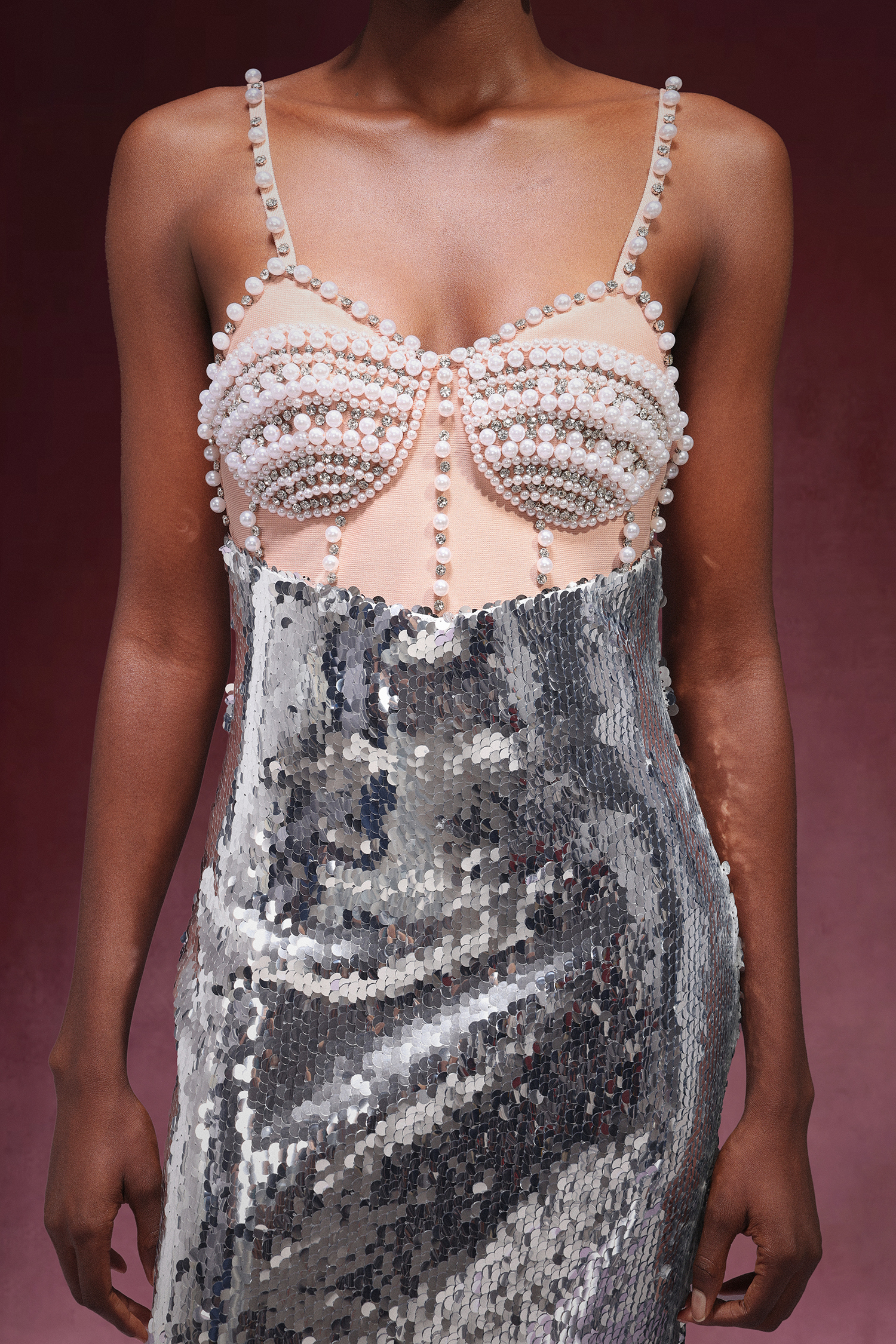 Diomond Sequins Pearls Sleeveless Midi Dress
