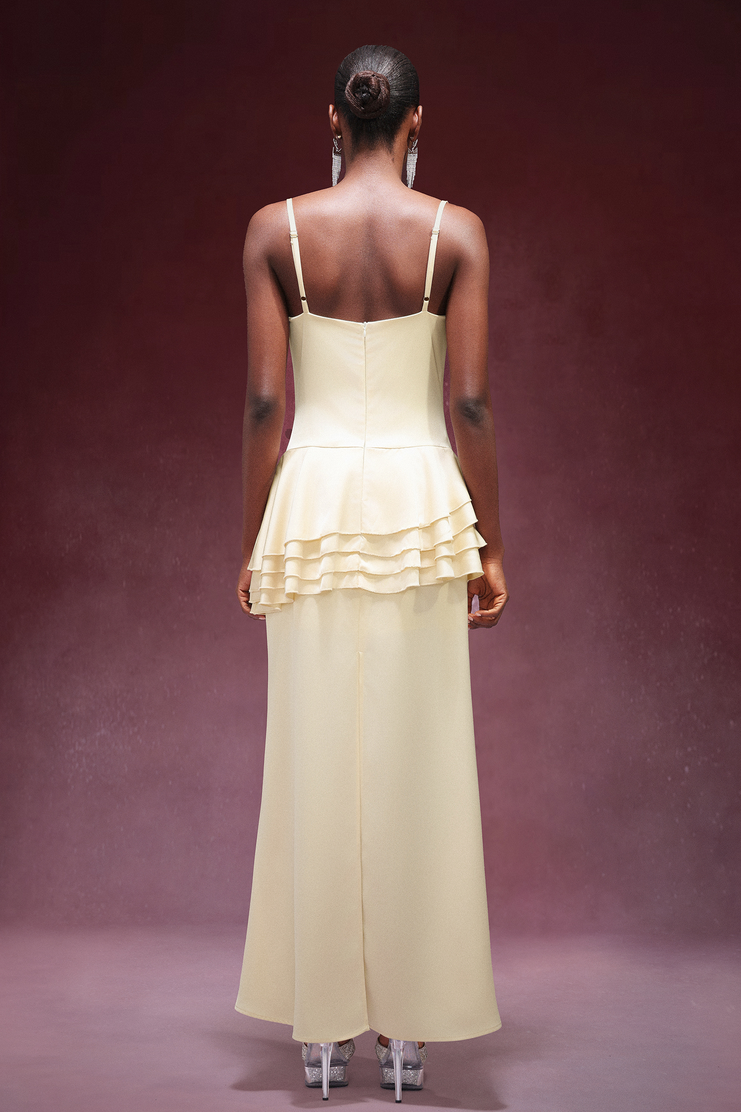 Gunnhild Sleeveless Falbala Satin Maxi Dress