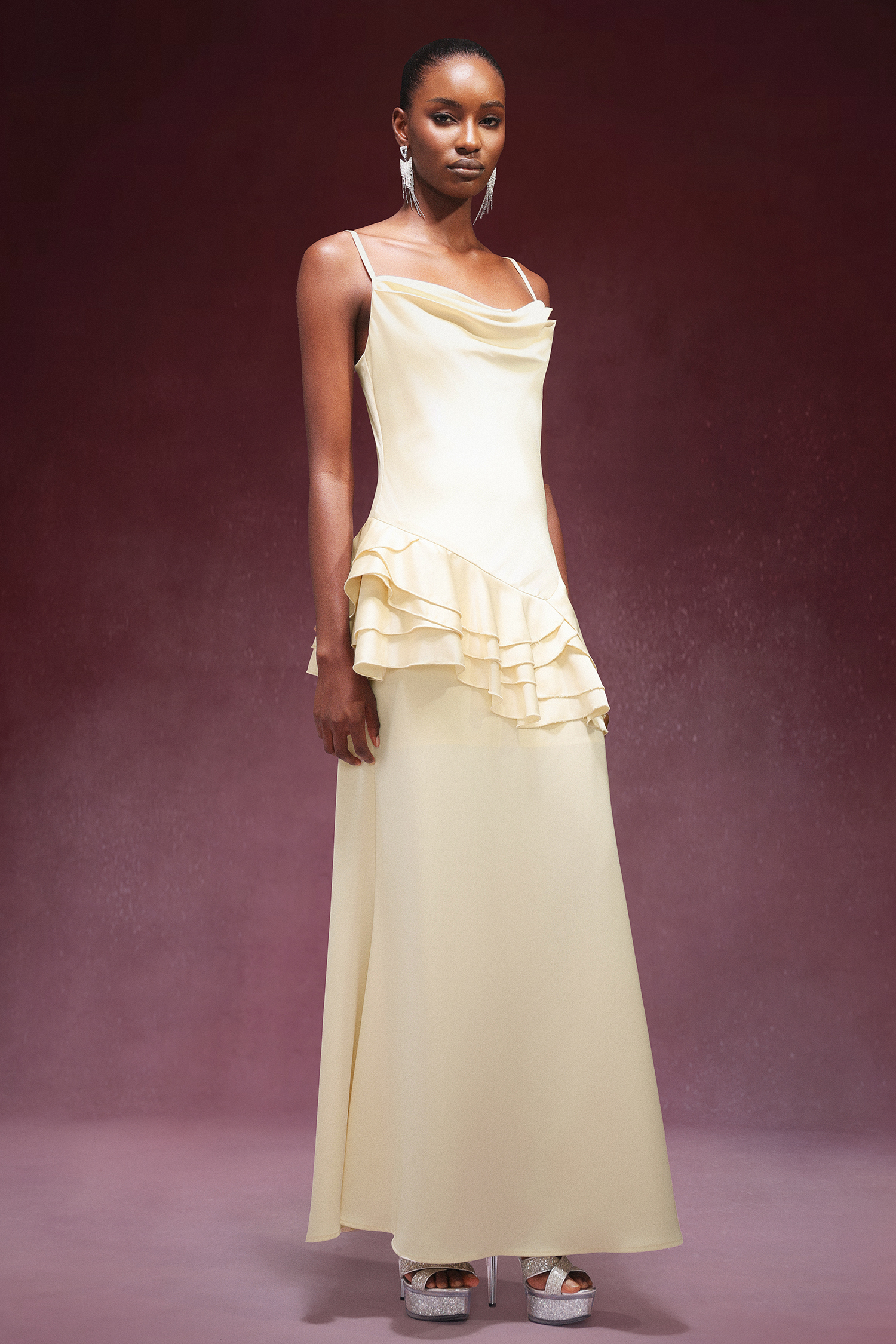 Gunnhild Sleeveless Falbala Satin Maxi Dress