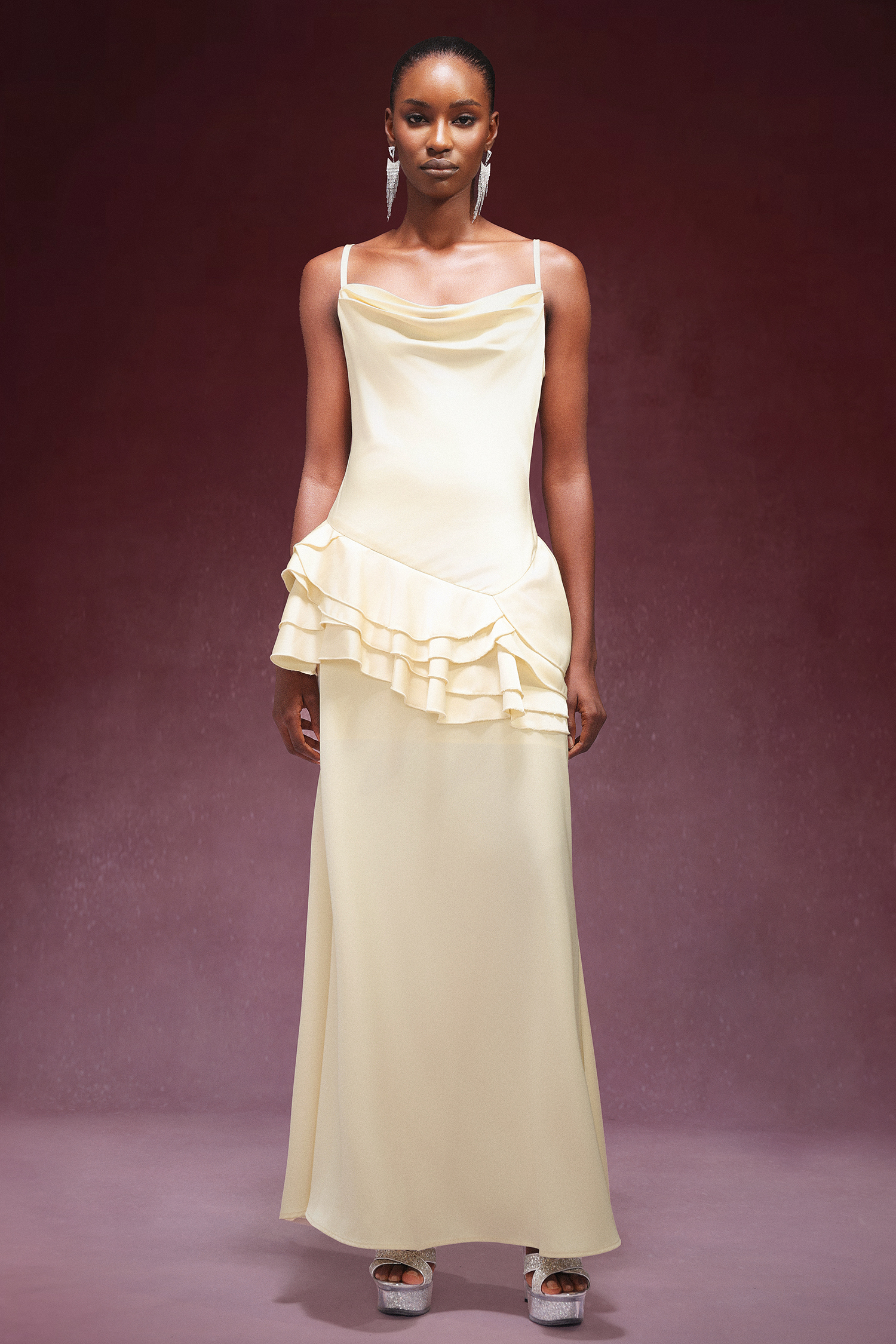 Gunnhild Sleeveless Falbala Satin Maxi Dress