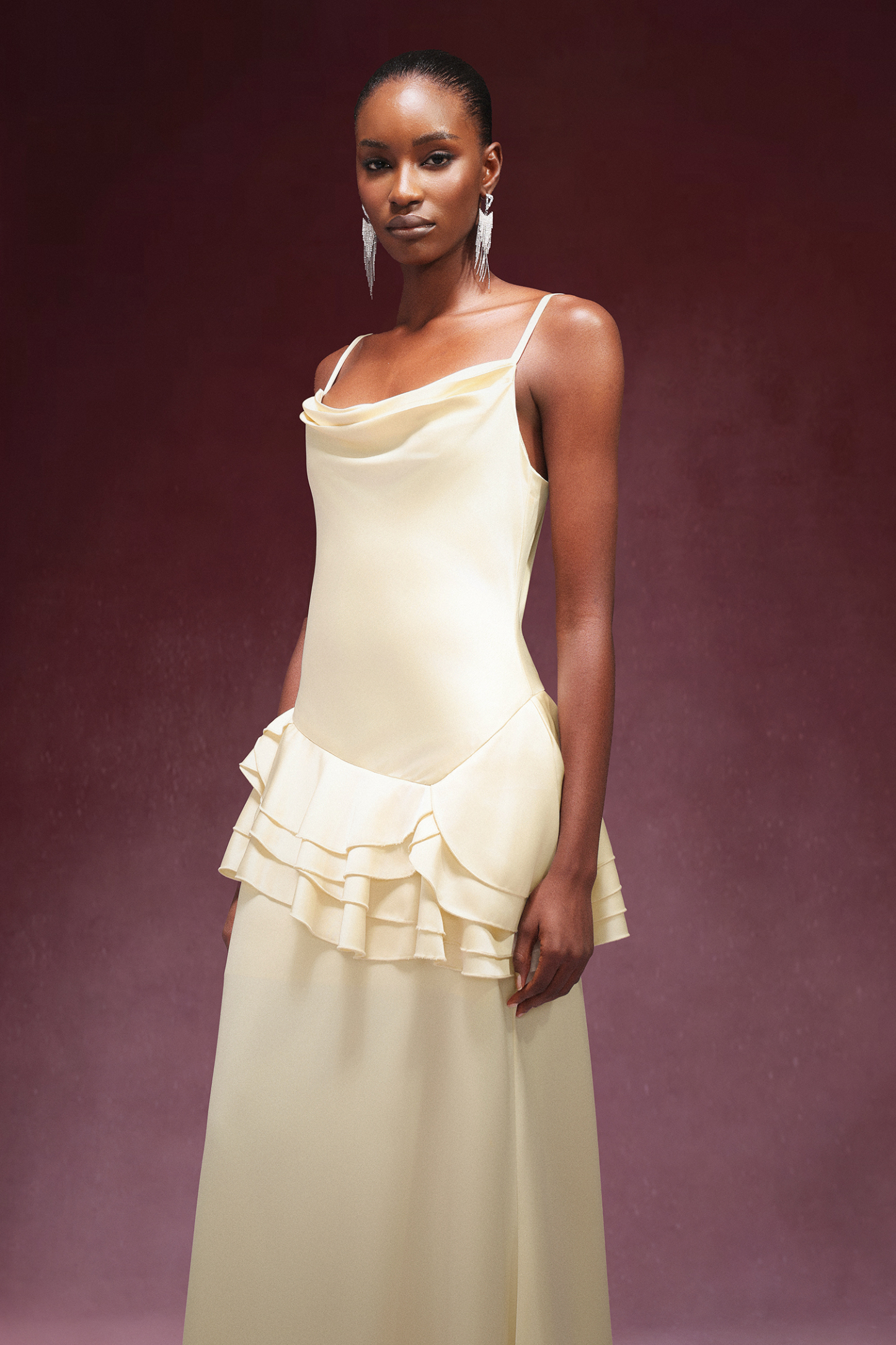 Gunnhild Sleeveless Falbala Satin Maxi Dress