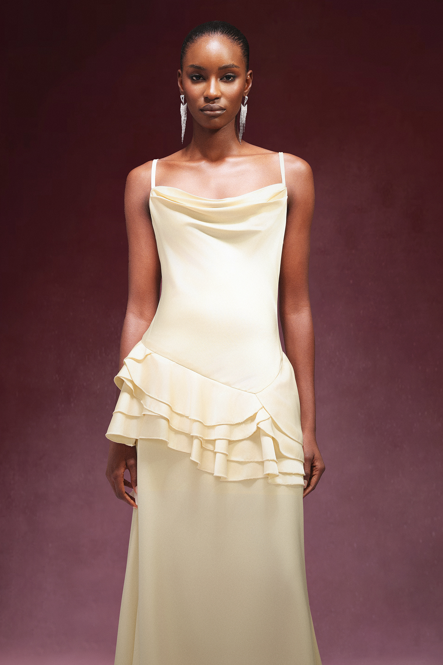 Gunnhild Sleeveless Falbala Satin Maxi Dress