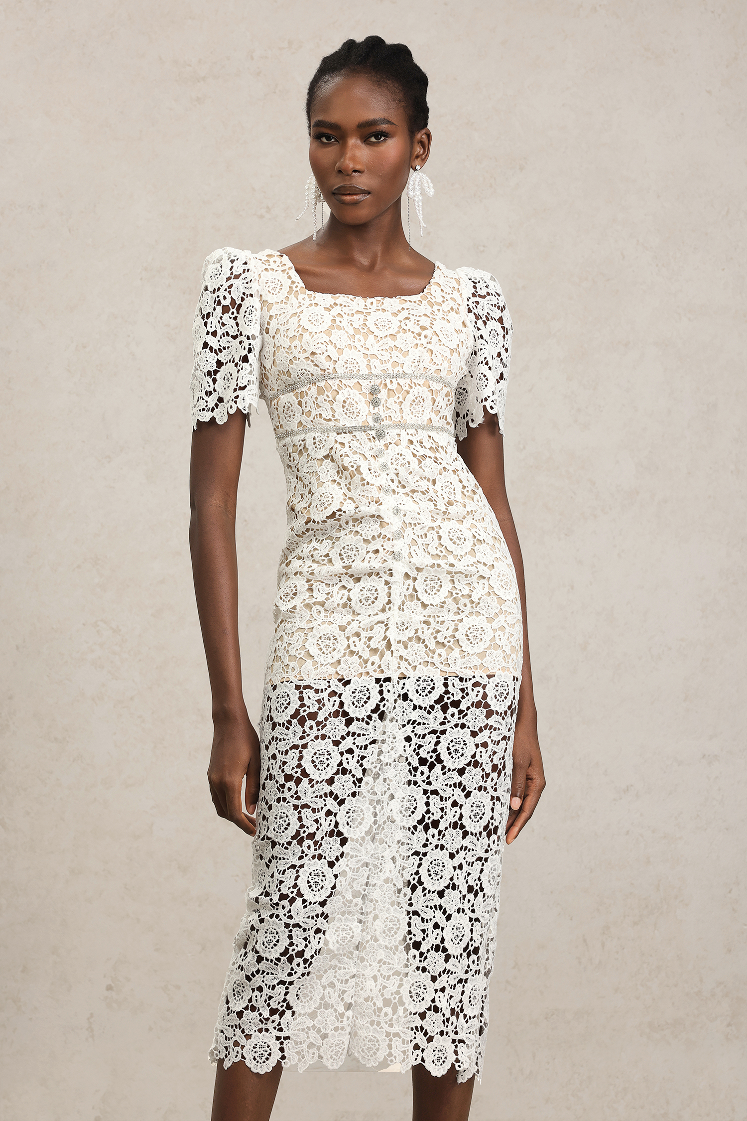 Savia Short Sleeves Diamond Lace Midi Dress