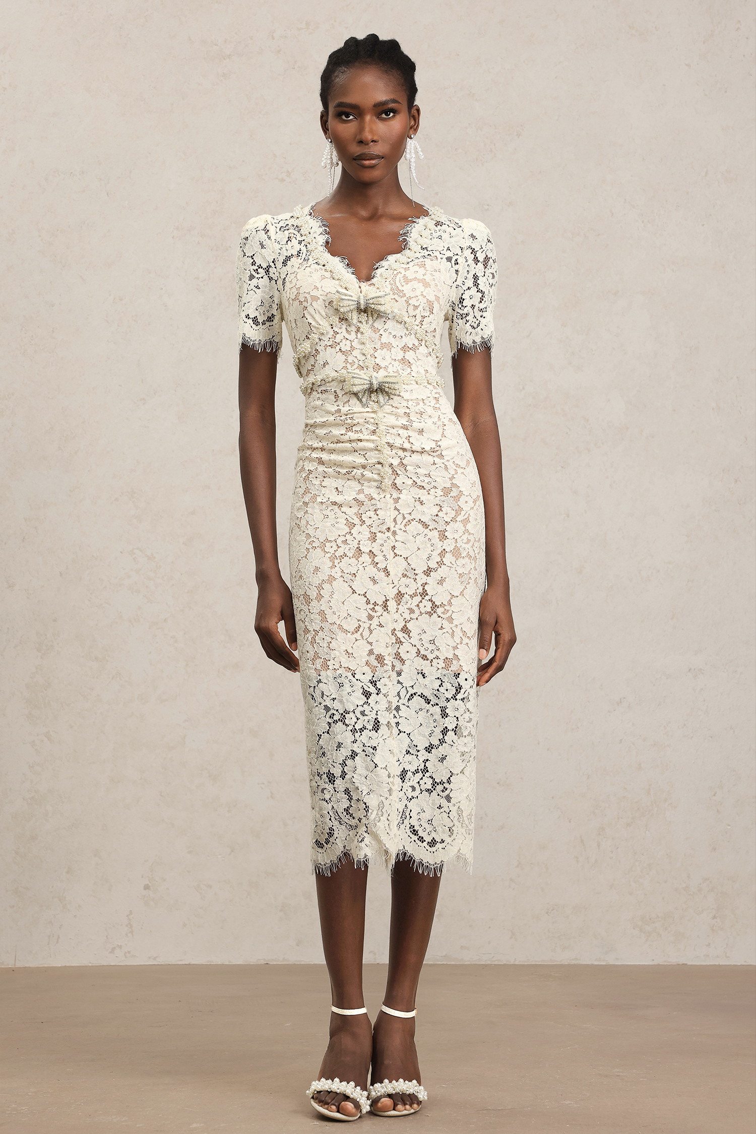 Maisie V-Neck Short Sleeves Bowknot Lace Midi Dress