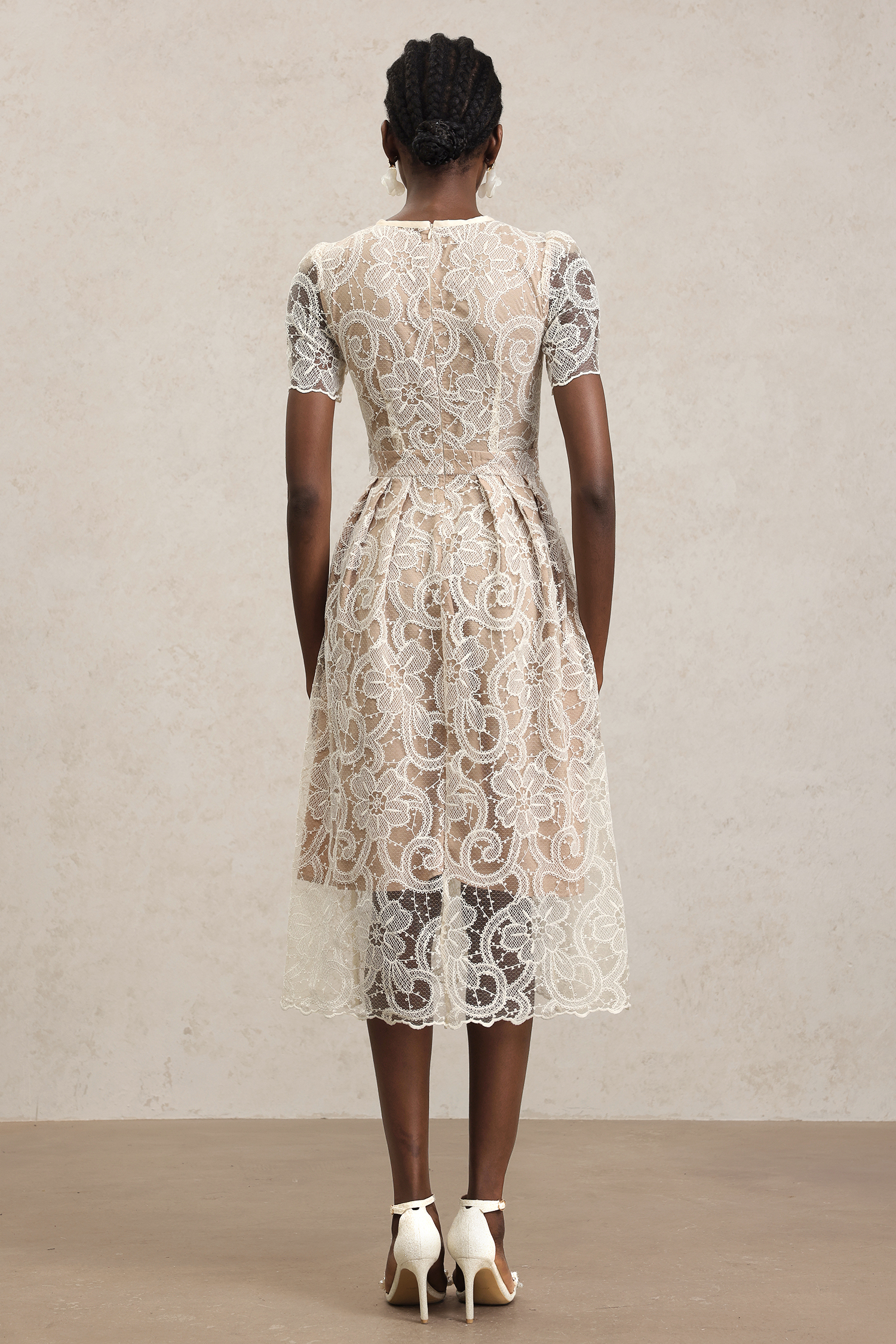 Lucille Short Sleeves Flowers Lace Midi Dress