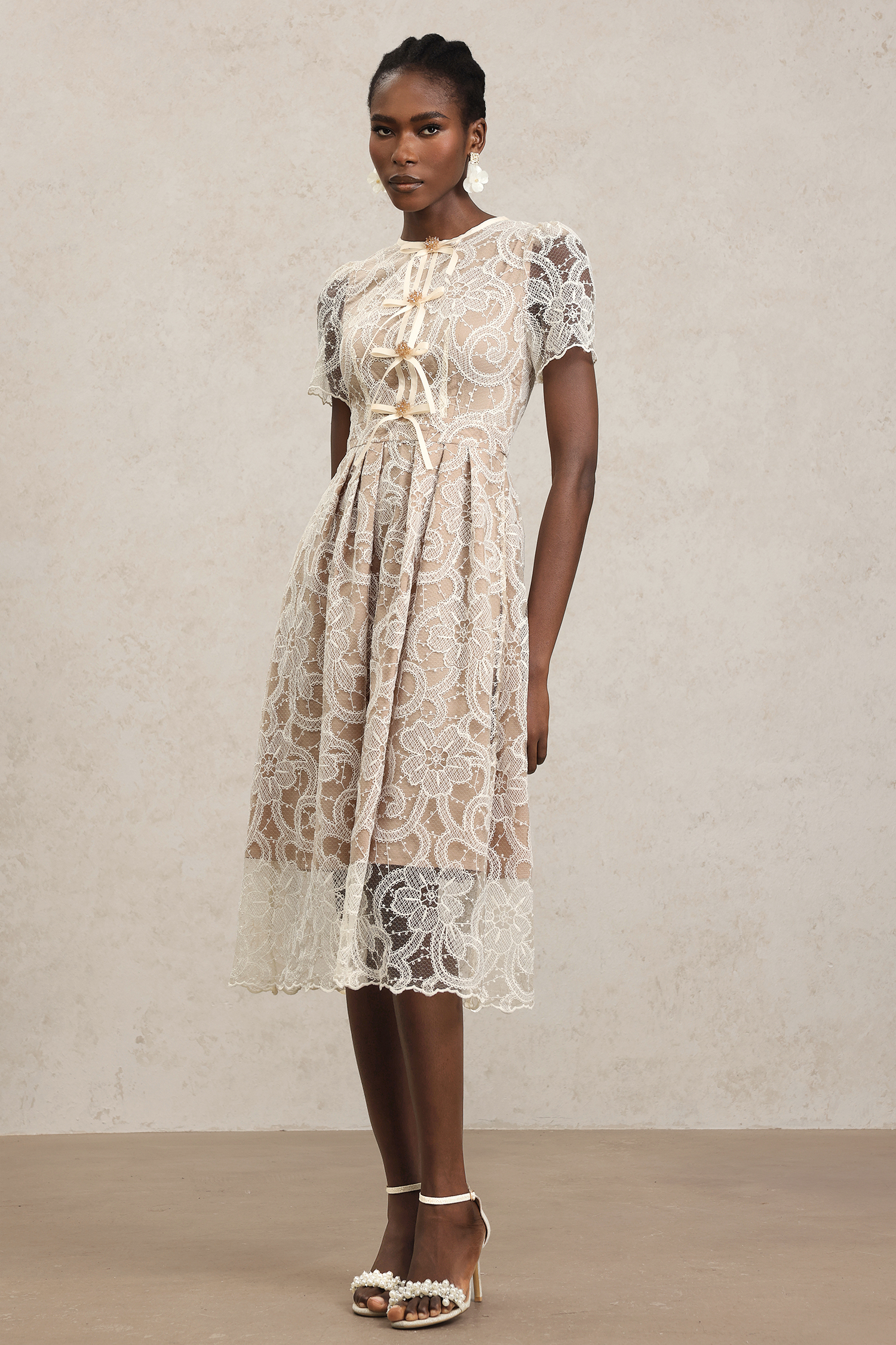 Lucille Short Sleeves Flowers Lace Midi Dress