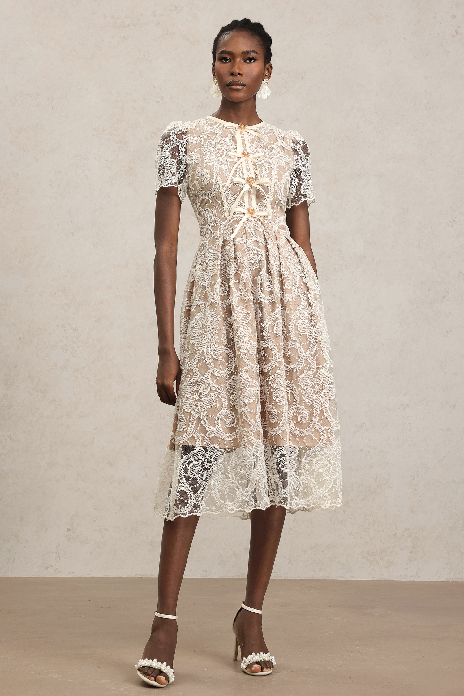 Lucille Short Sleeves Flowers Lace Midi Dress