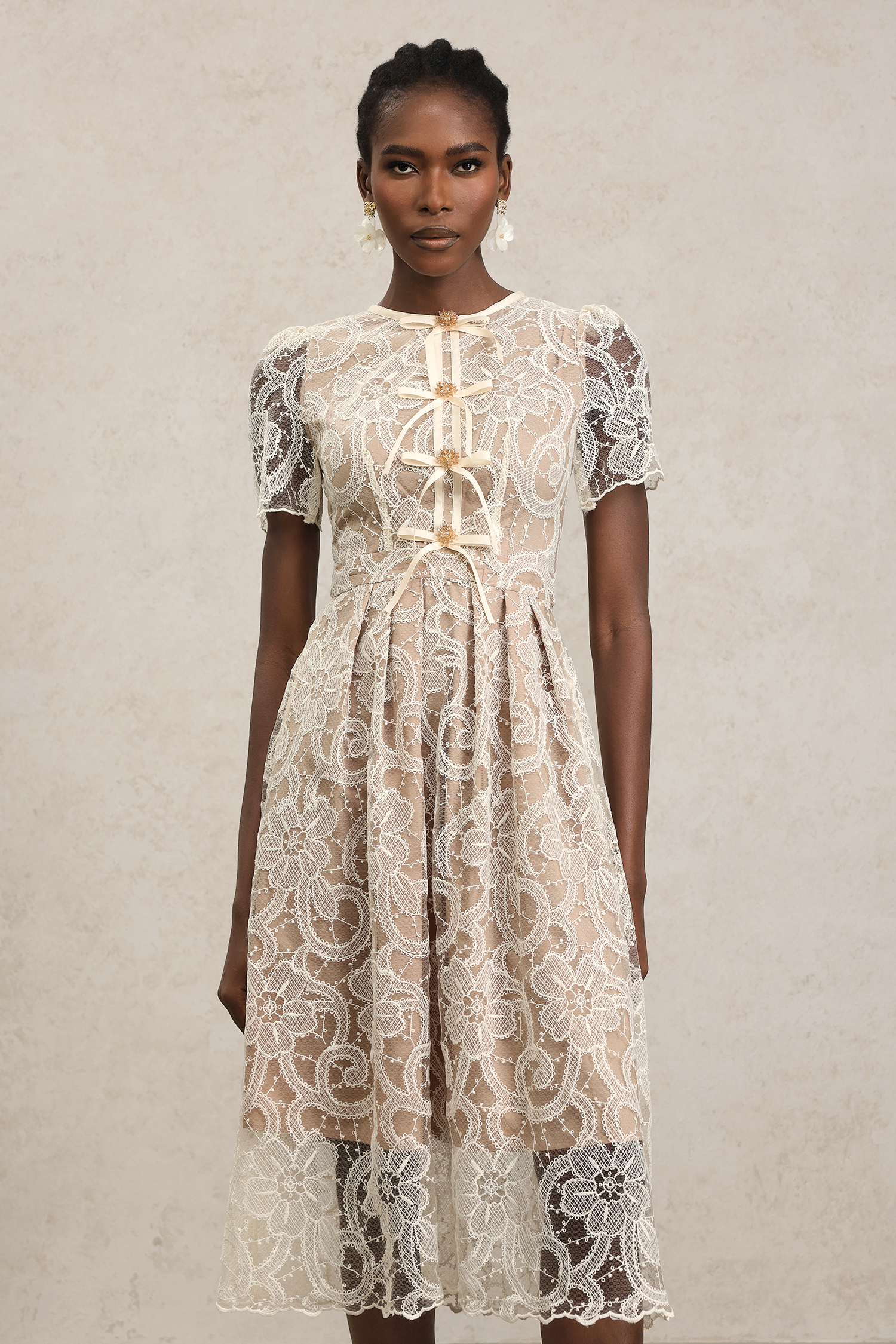 Lucille Short Sleeves Flowers Lace Midi Dress