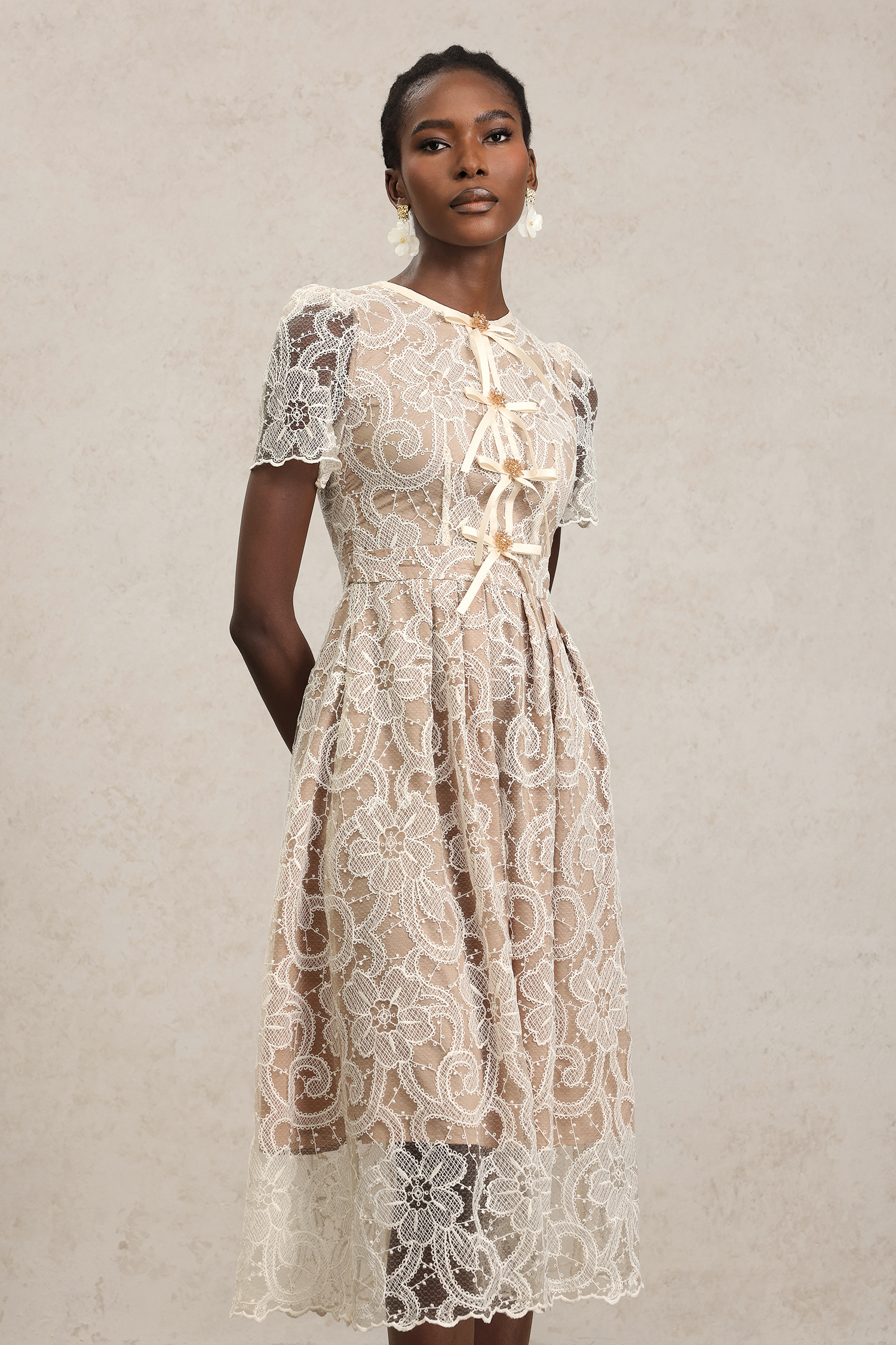 Lucille Short Sleeves Flowers Lace Midi Dress