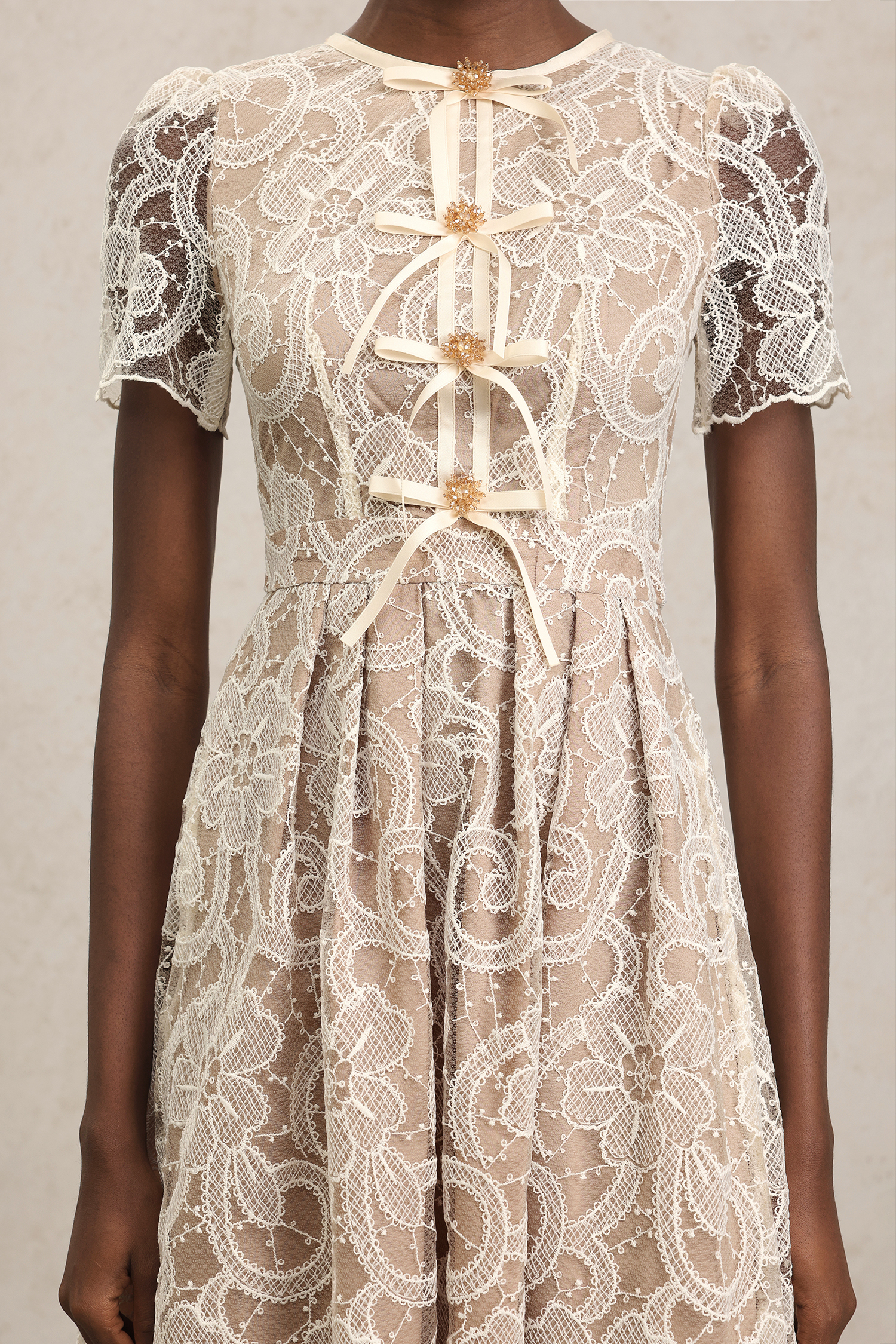 Lucille Short Sleeves Flowers Lace Midi Dress
