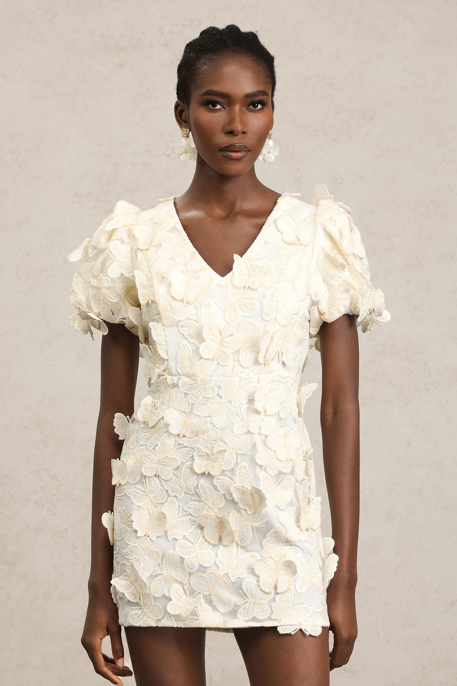 Slare Puff Sleeves Butterfly Lace Mini Dress