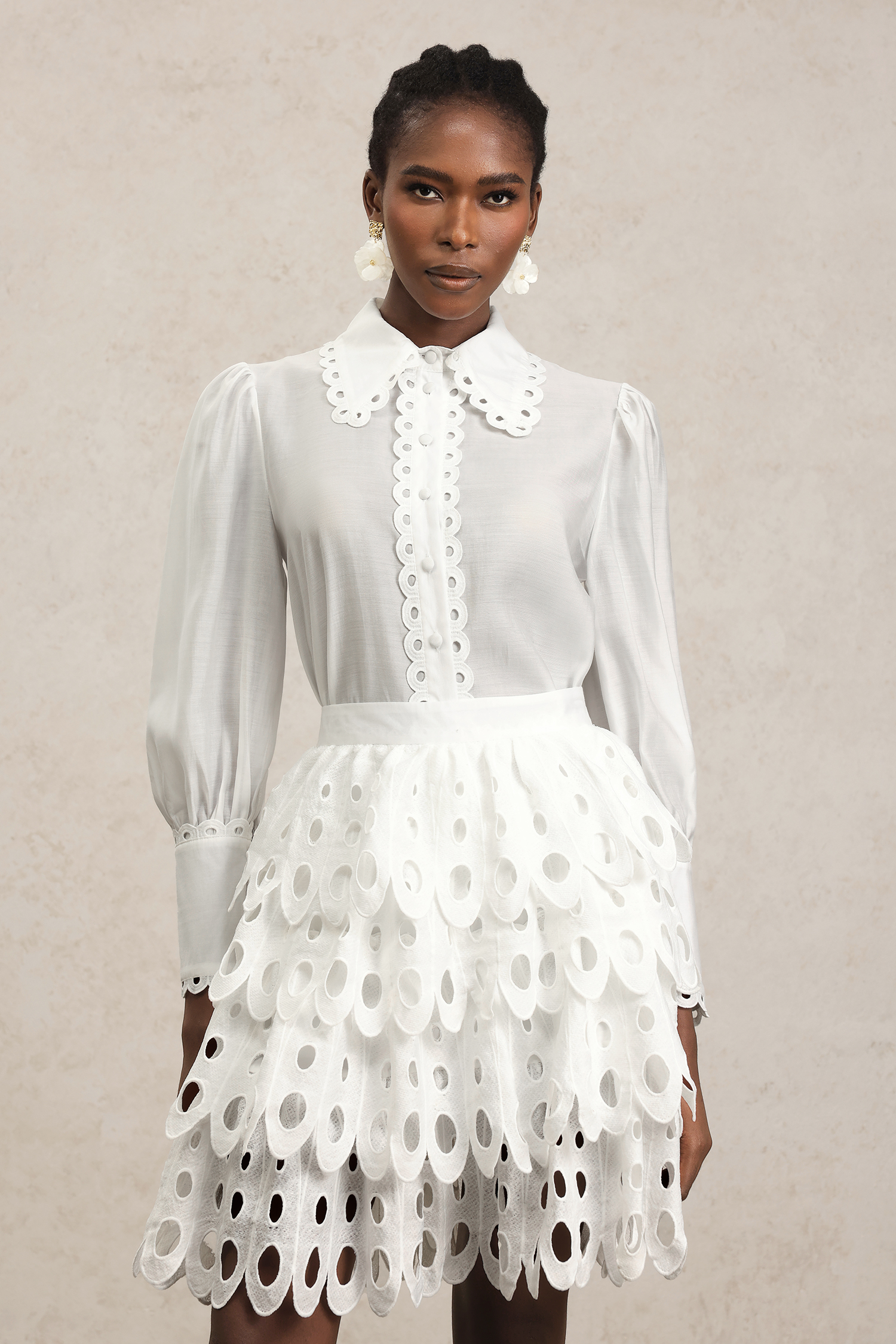 Vaonia Long Sleeves Hollow Out Layered Top And Skirt Two-Piece Set