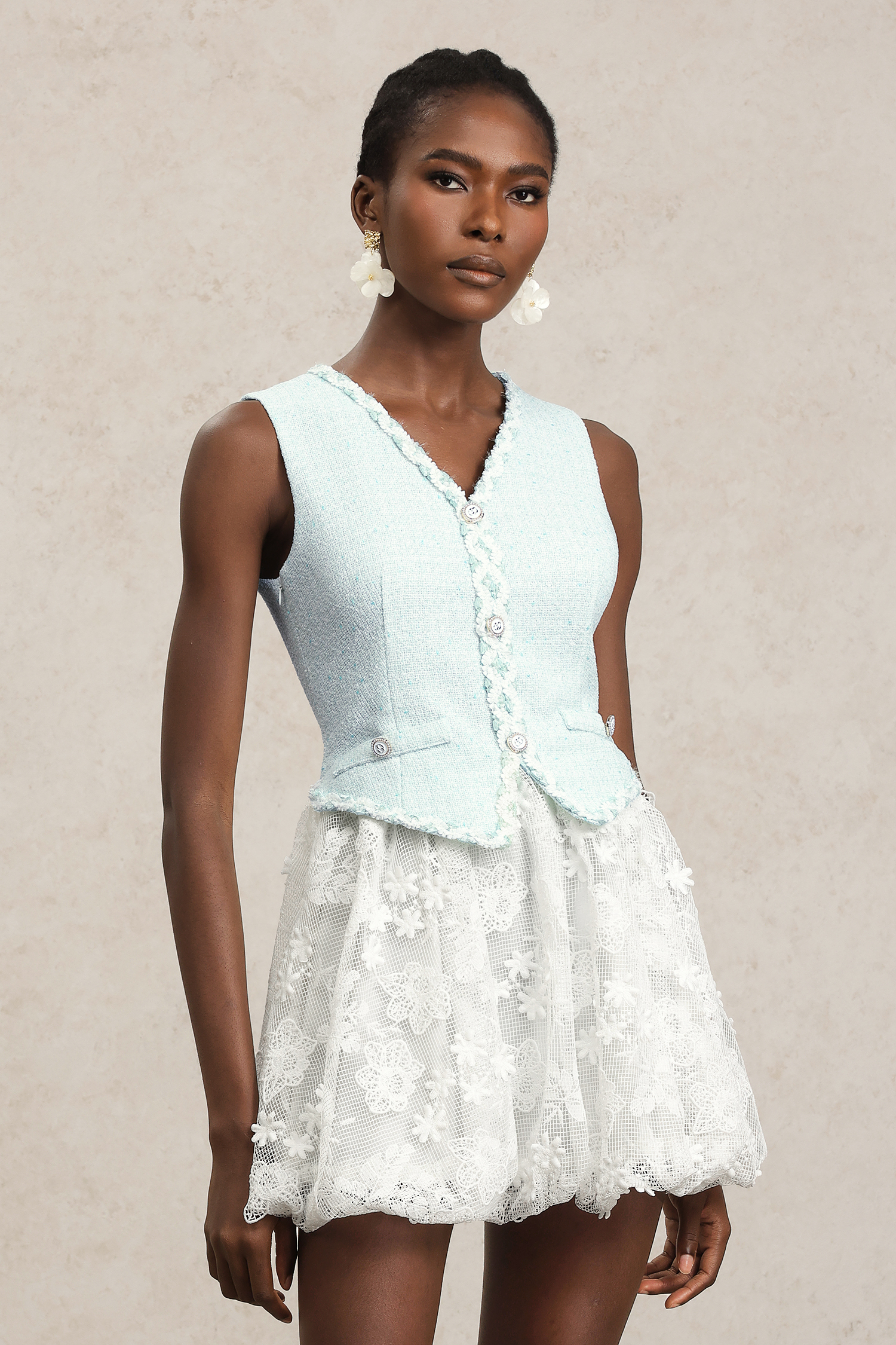 Scarlett V-Neck Sleeveless Flowers Lace Mini Dress