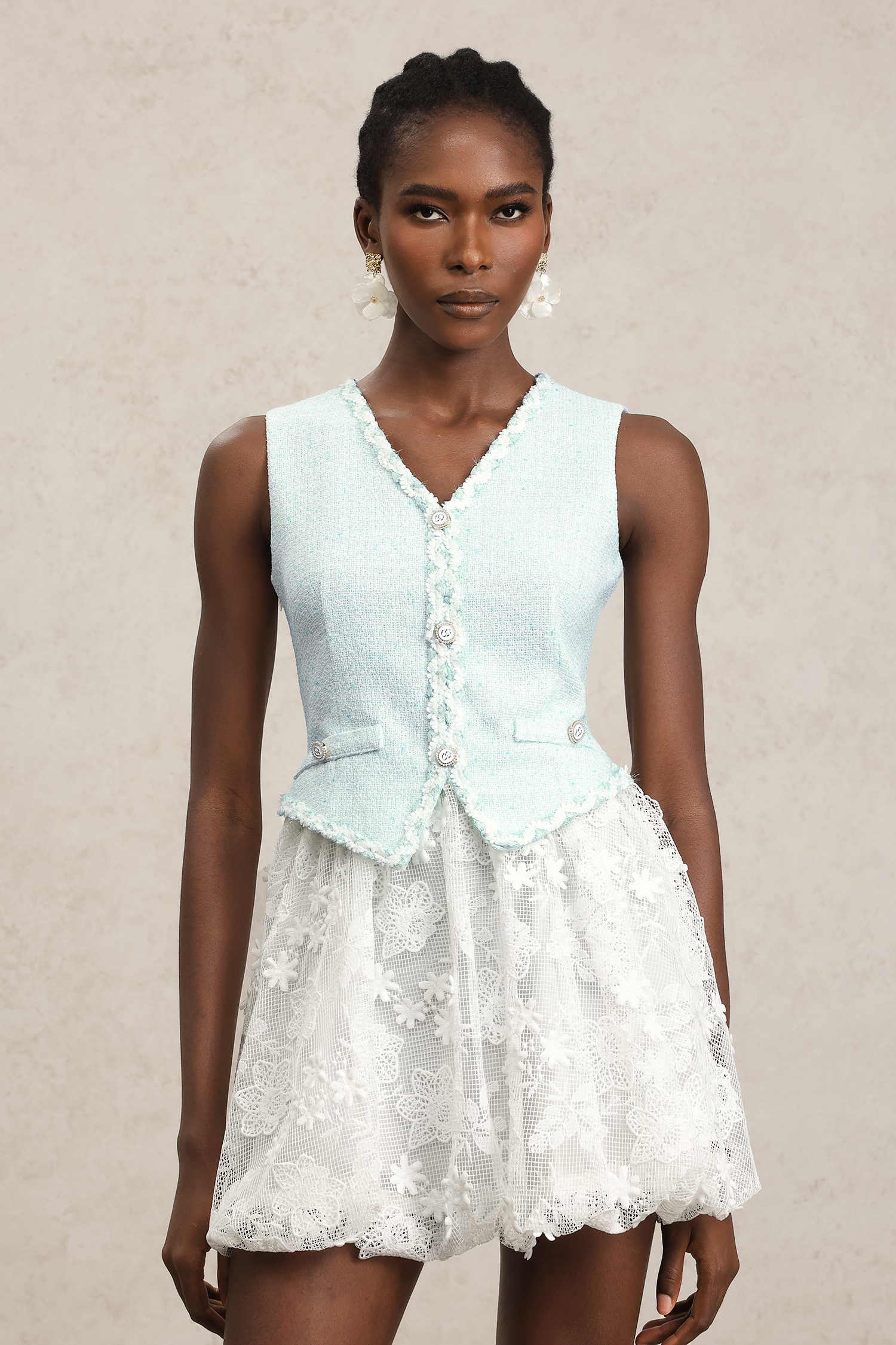 Scarlett V-Neck Sleeveless Flowers Lace Mini Dress