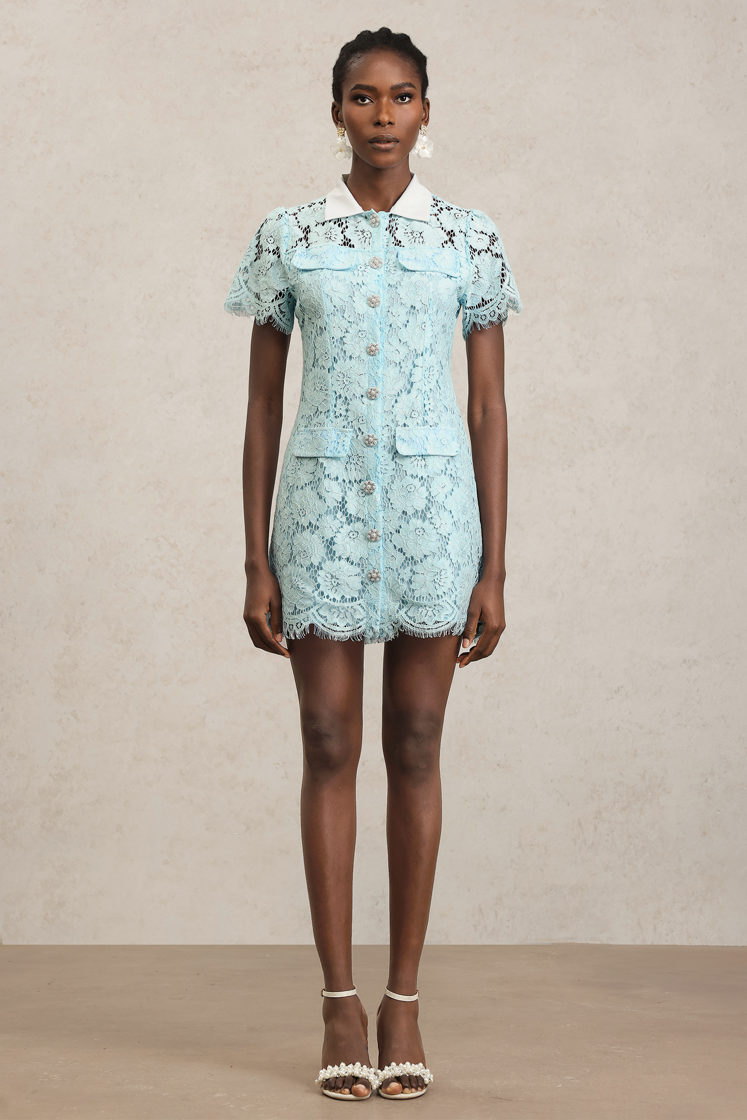 Saliya Short Sleeves Lapel Lace Mini Dress