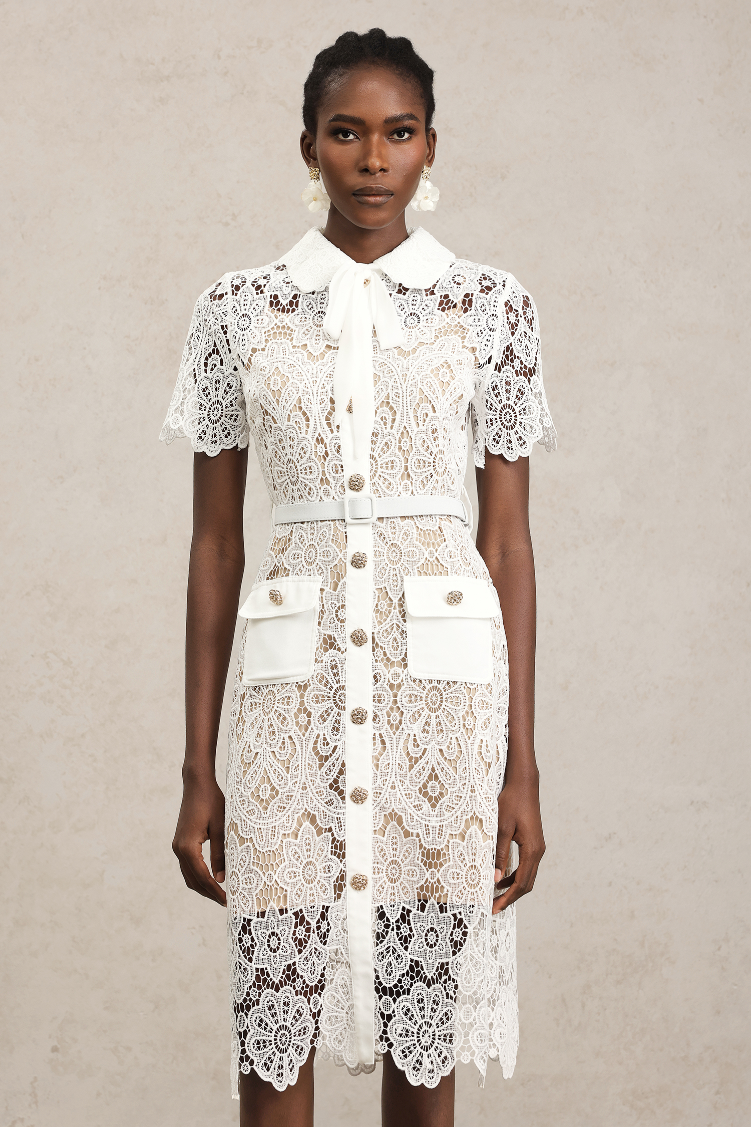 Hella Short Sleeves Bowknot Lace Midi Dress