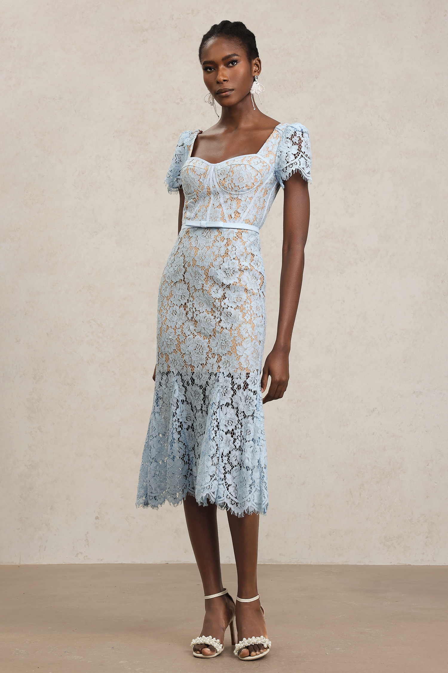 Hatsie Short Sleeve Lace Fishtail Maxi Dress