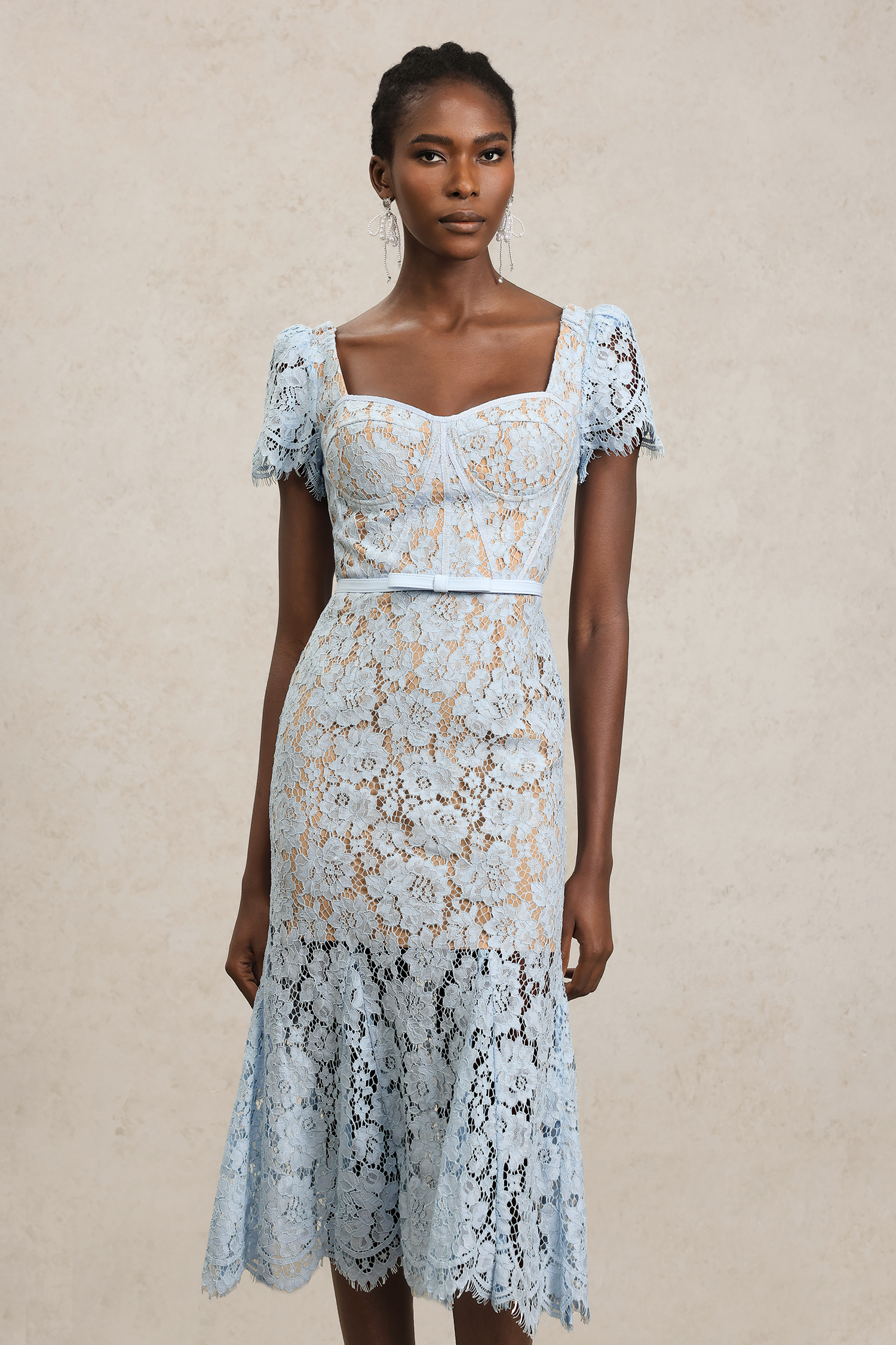 Hatsie Short Sleeve Lace Fishtail Maxi Dress