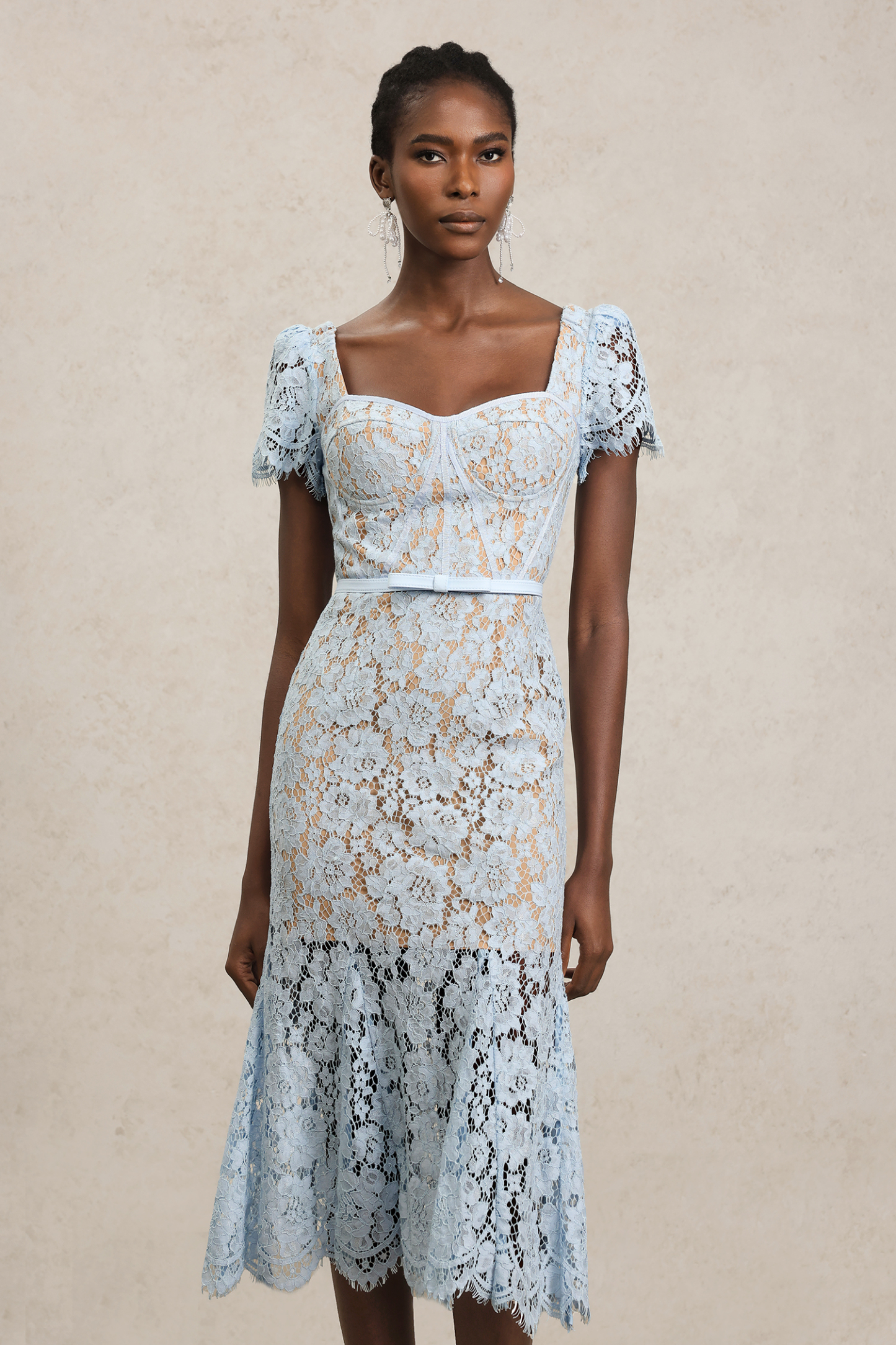 Hatsie Short Sleeve Lace Fishtail Maxi Dress