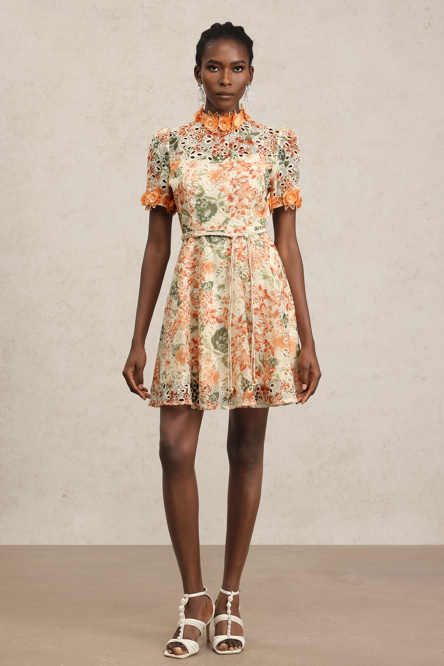 Persasy Short Sleeves Flowers Printed Lace Mini Dress